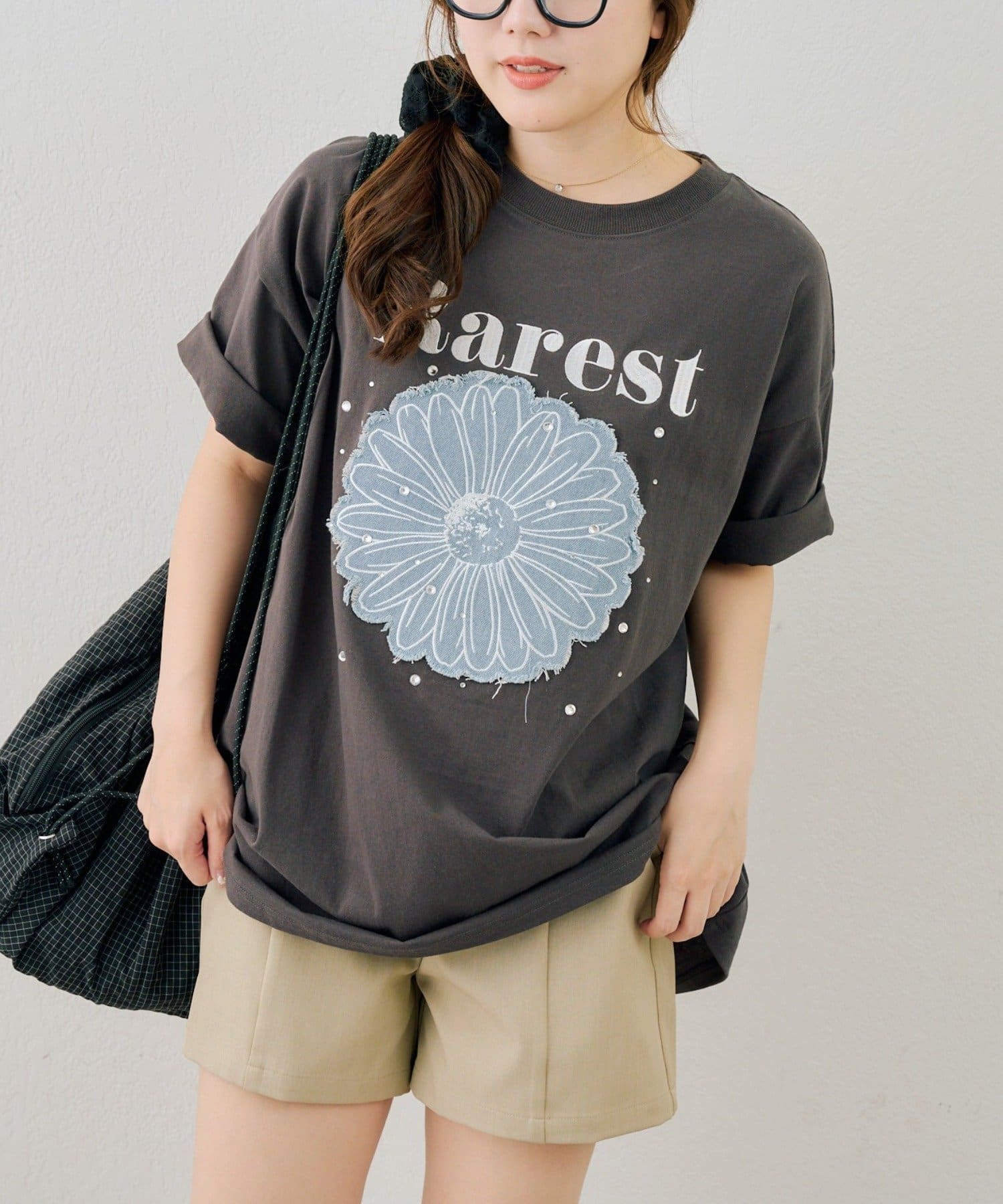 NICE CLAUP / OLIVE des OLIVE OUTLET(ナイスクラップ  / オリーブ デ オリーブ アウトレット) 【ANOTHER BRANCH】お花×ラインストーンBIGTシャツ
