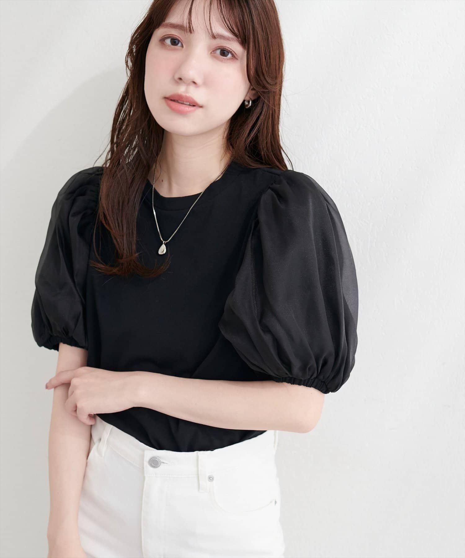 NICE CLAUP / OLIVE des OLIVE OUTLET(ナイスクラップ  / オリーブ デ オリーブ アウトレット) 【natural couture】オーガンジーパフスリーブT