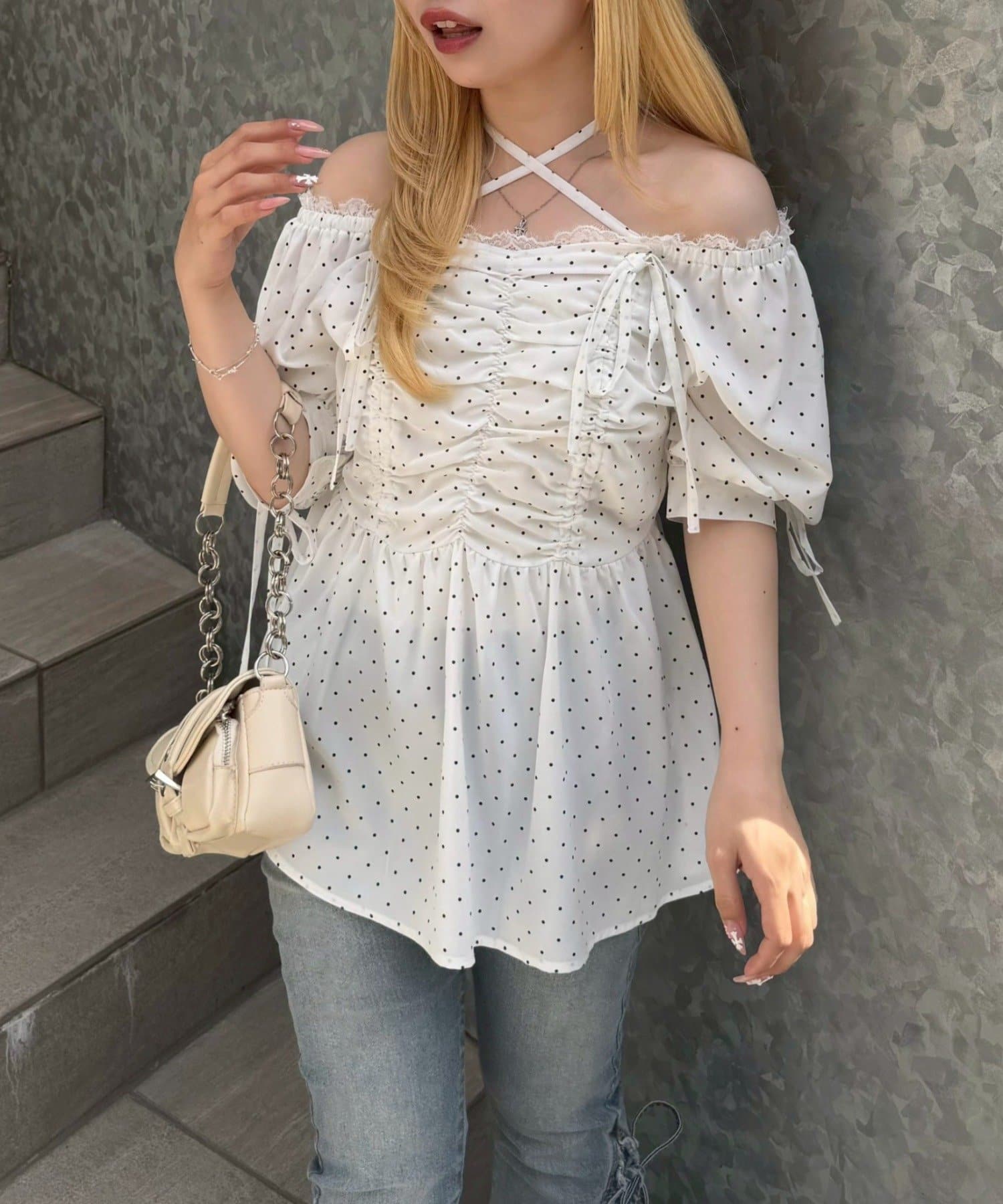 NICE CLAUP / OLIVE des OLIVE OUTLET(ナイスクラップ  / オリーブ デ オリーブ アウトレット) 【ANOTHER BRANCH】ドロストリボンチュニックブラウス
