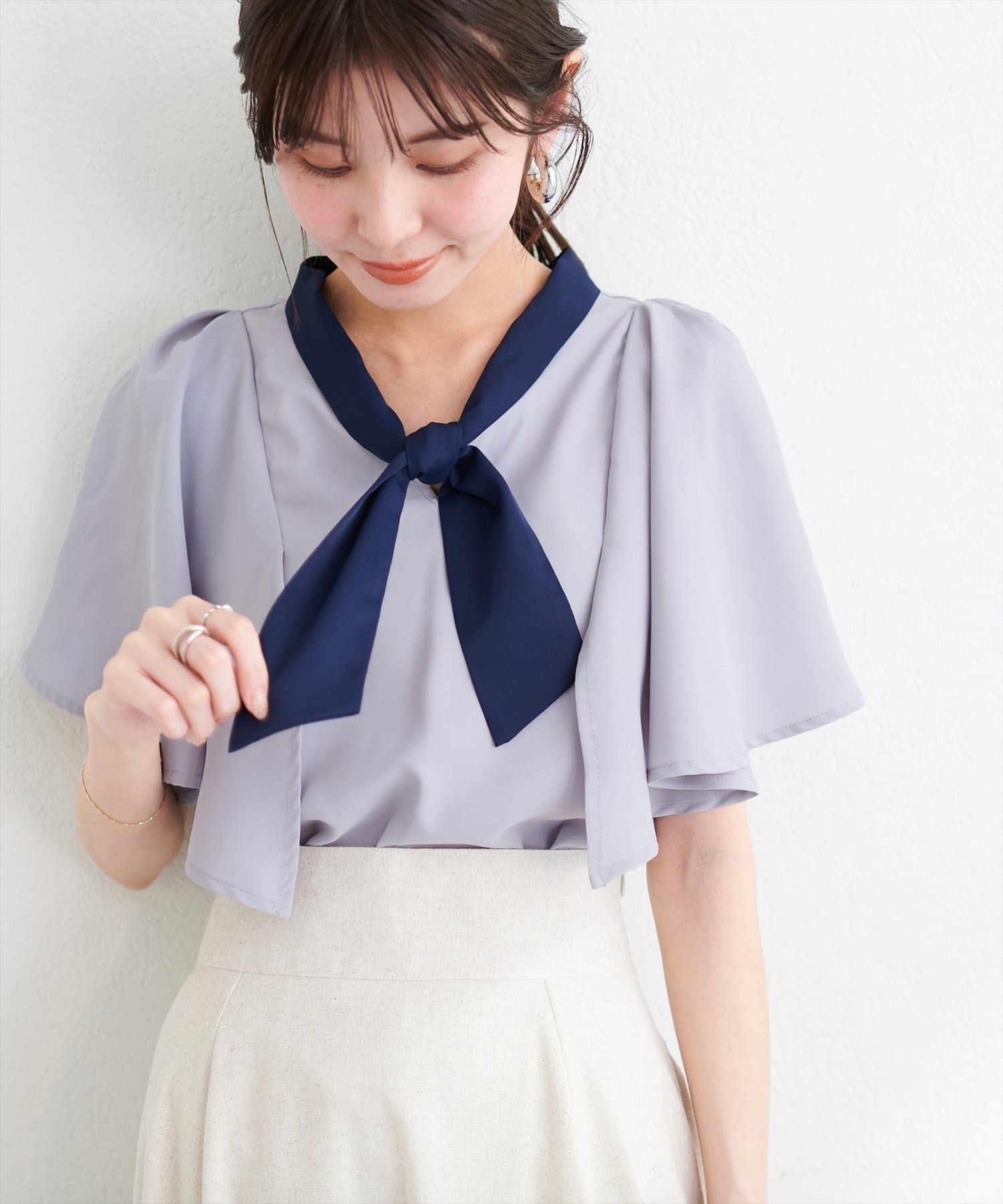 NICE CLAUP / OLIVE des OLIVE OUTLET(ナイスクラップ  / オリーブ デ オリーブ アウトレット) 【natural couture】スカーフプリントボウタイブラウス