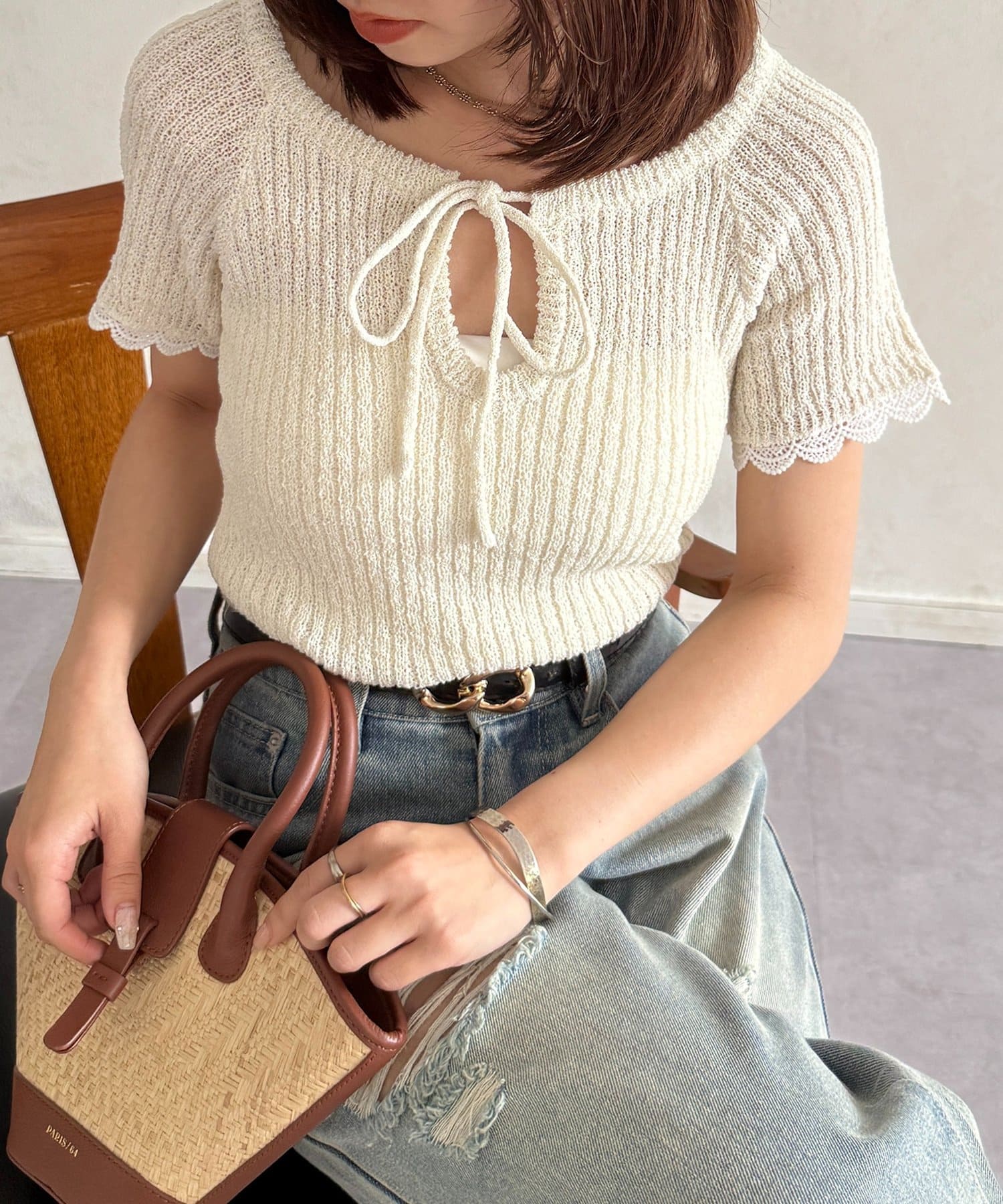 Thevon.(ゼヴォン) 袖レース付き2WAYリボンニット