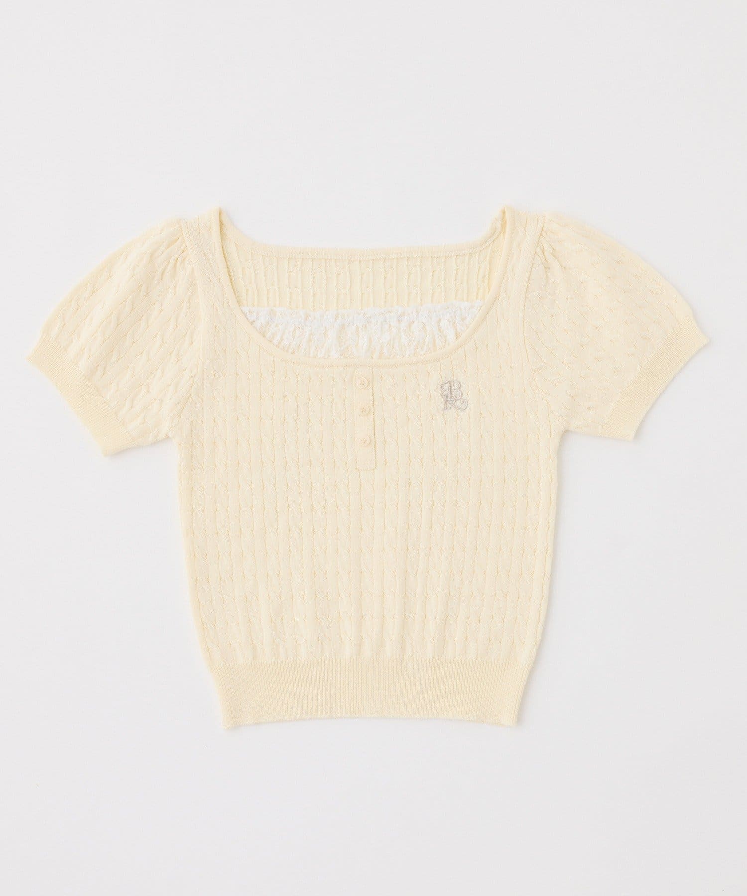 one after another NICE CLAUP(ワンアフターアナザー ナイスクラップ) 刺繍入りレースドッキングケーブルニット