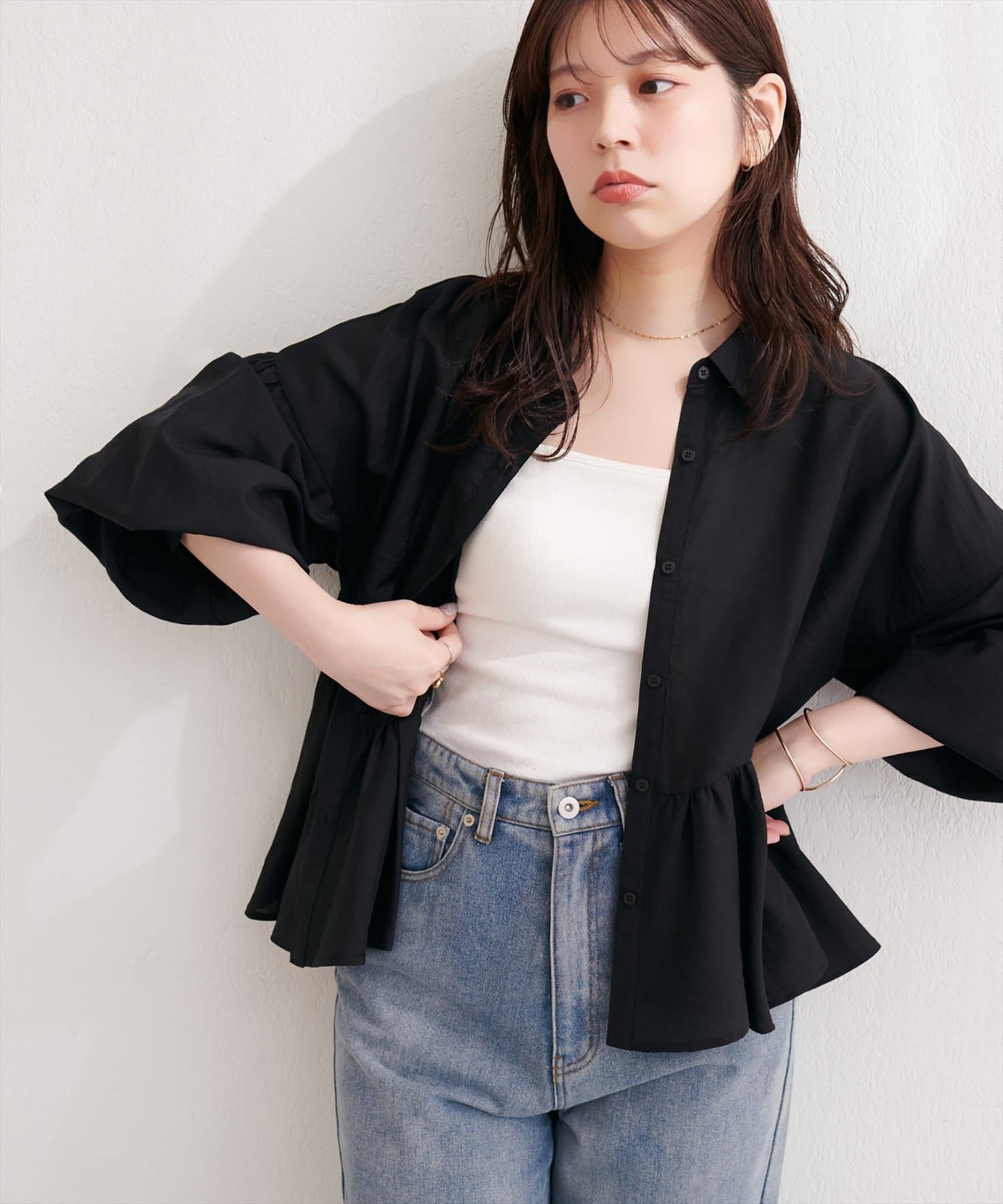 natural couture(ナチュラルクチュール) 【sherbet line】接触冷感ペプラムシアーギャザーブラウス