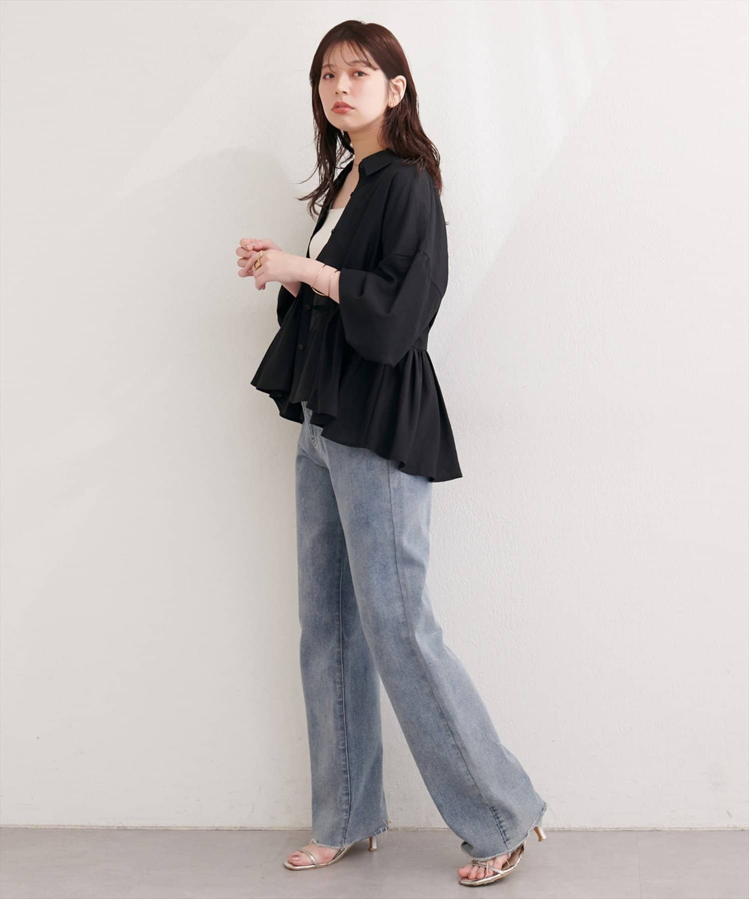 natural couture(ナチュラルクチュール) 【sherbet line】接触冷感ペプラムシアーギャザーブラウス
