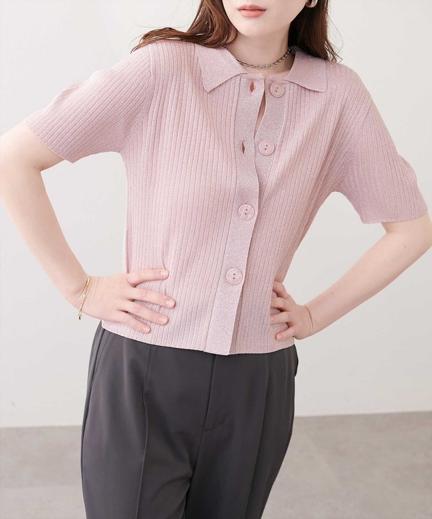 natural couture(ナチュラルクチュール) 衿付きラメリブカーデ