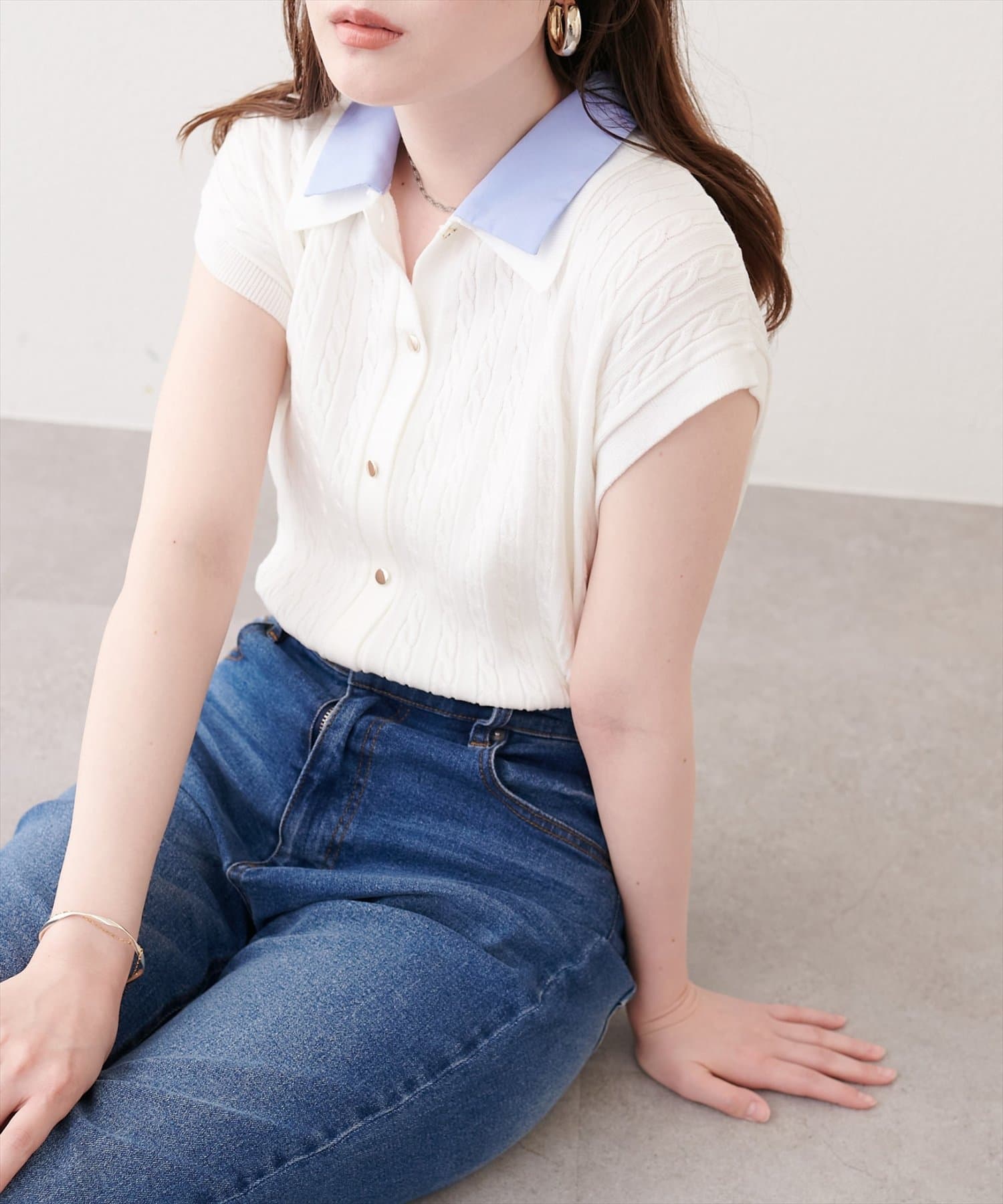natural couture(ナチュラルクチュール) 衿付きケーブルノースリカーデ風TOPS