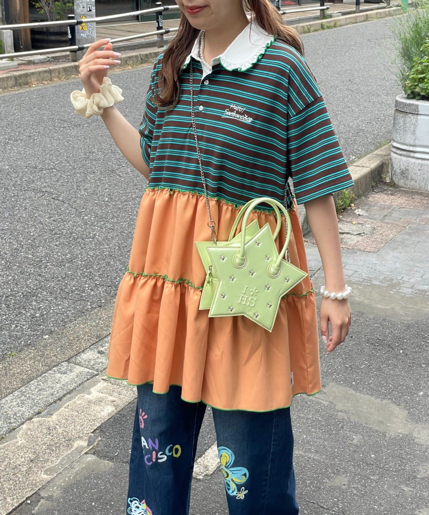 CIAOPANIC TYPY(チャオパニックティピー) 【HELLO.SANFRANCISCO】襟フリルボーダーラガーシャツチュニック