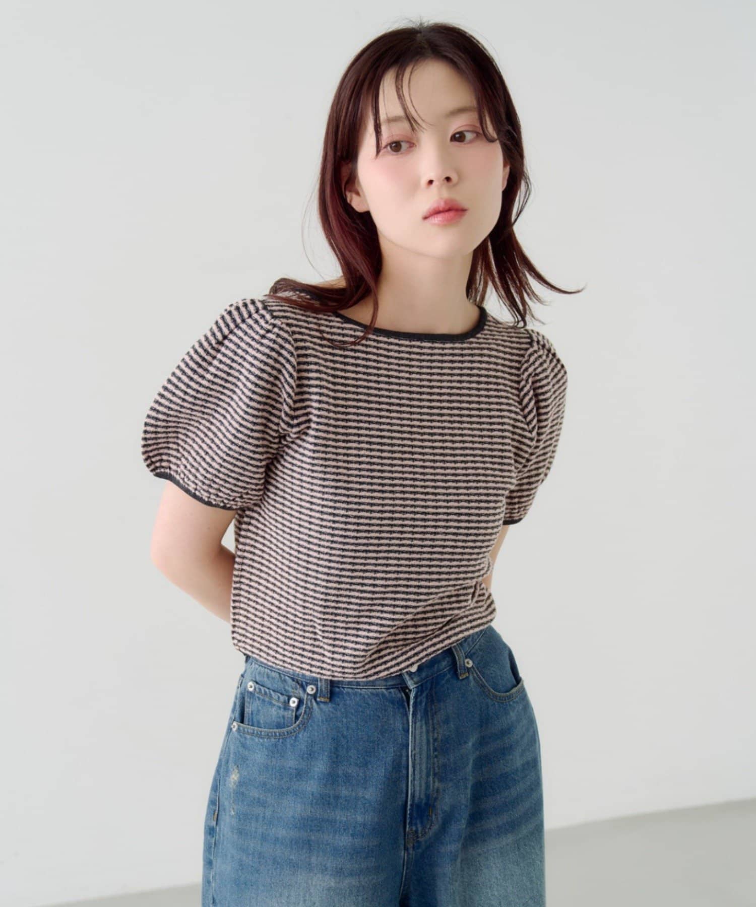 OUTLET(アウトレット) 【Kastane】ボーダーパフ半袖ニット