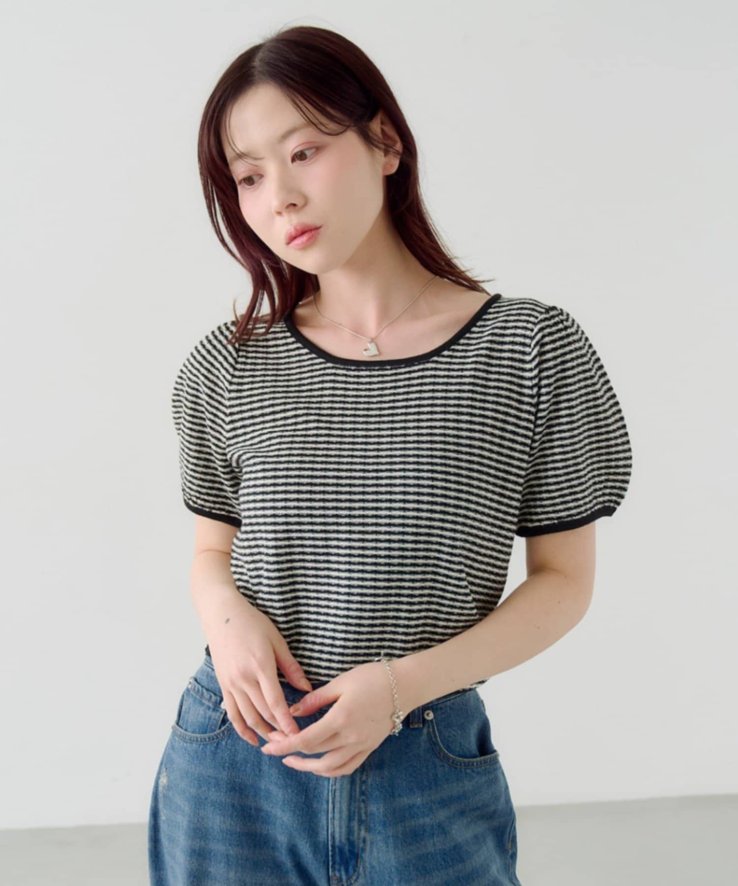OUTLET(アウトレット) 【Kastane】ボーダーパフ半袖ニット