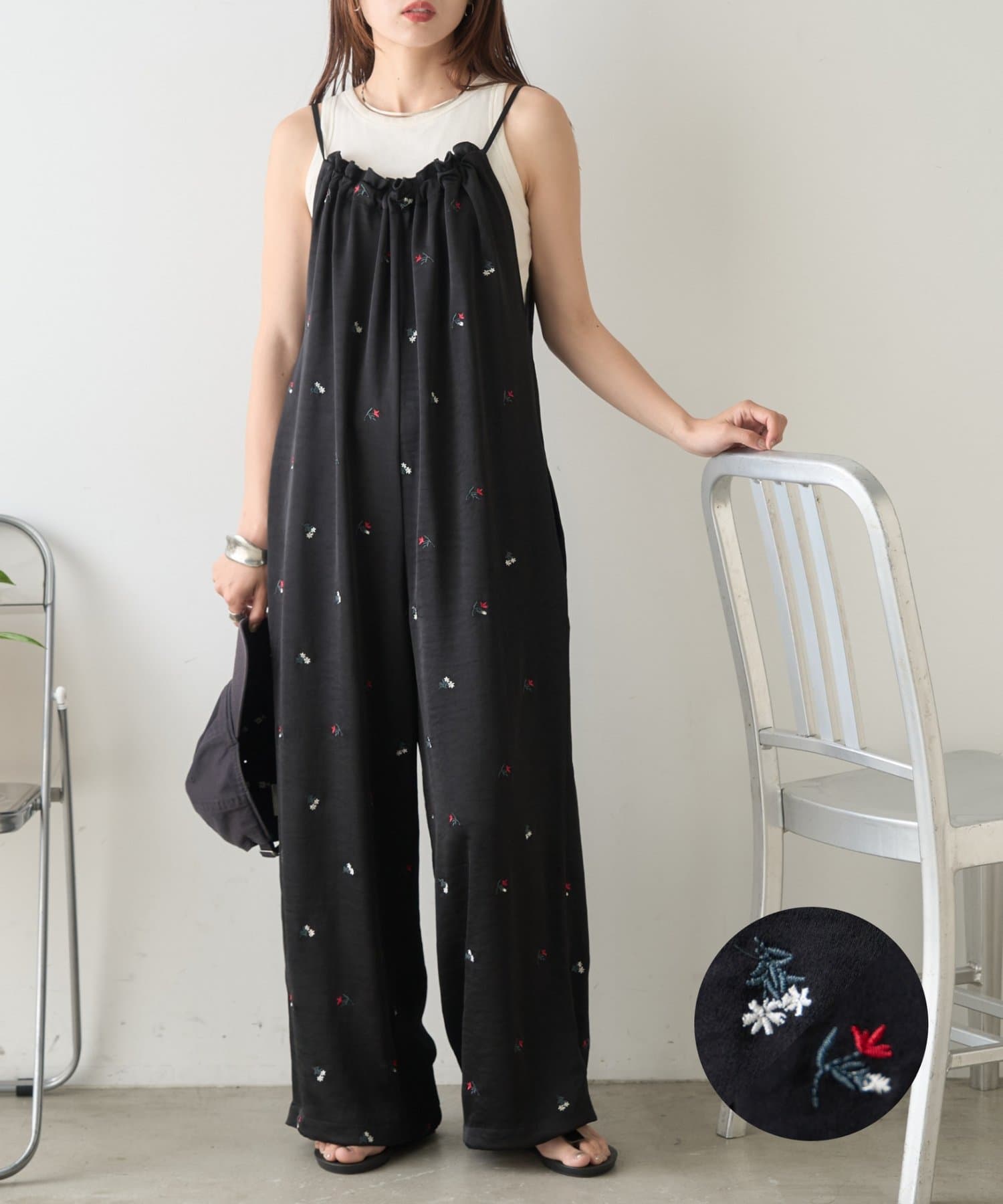 CIAOPANIC TYPY(チャオパニックティピー) 【2サイズ展開】花柄刺繍リボンサテンサロペット