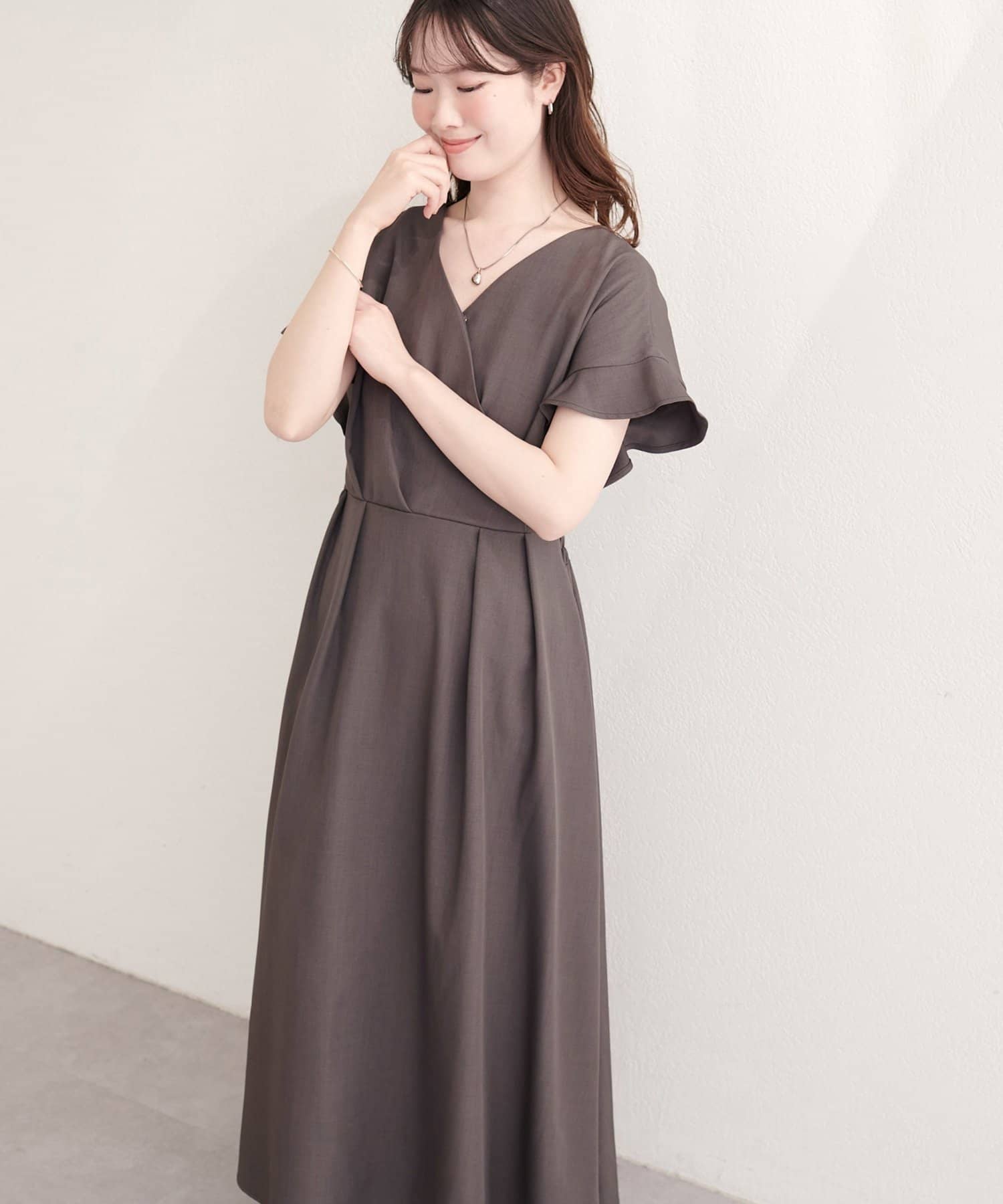 natural couture(ナチュラルクチュール) 【sherbet line】接触冷感カシュクールフリル袖ワンピース
