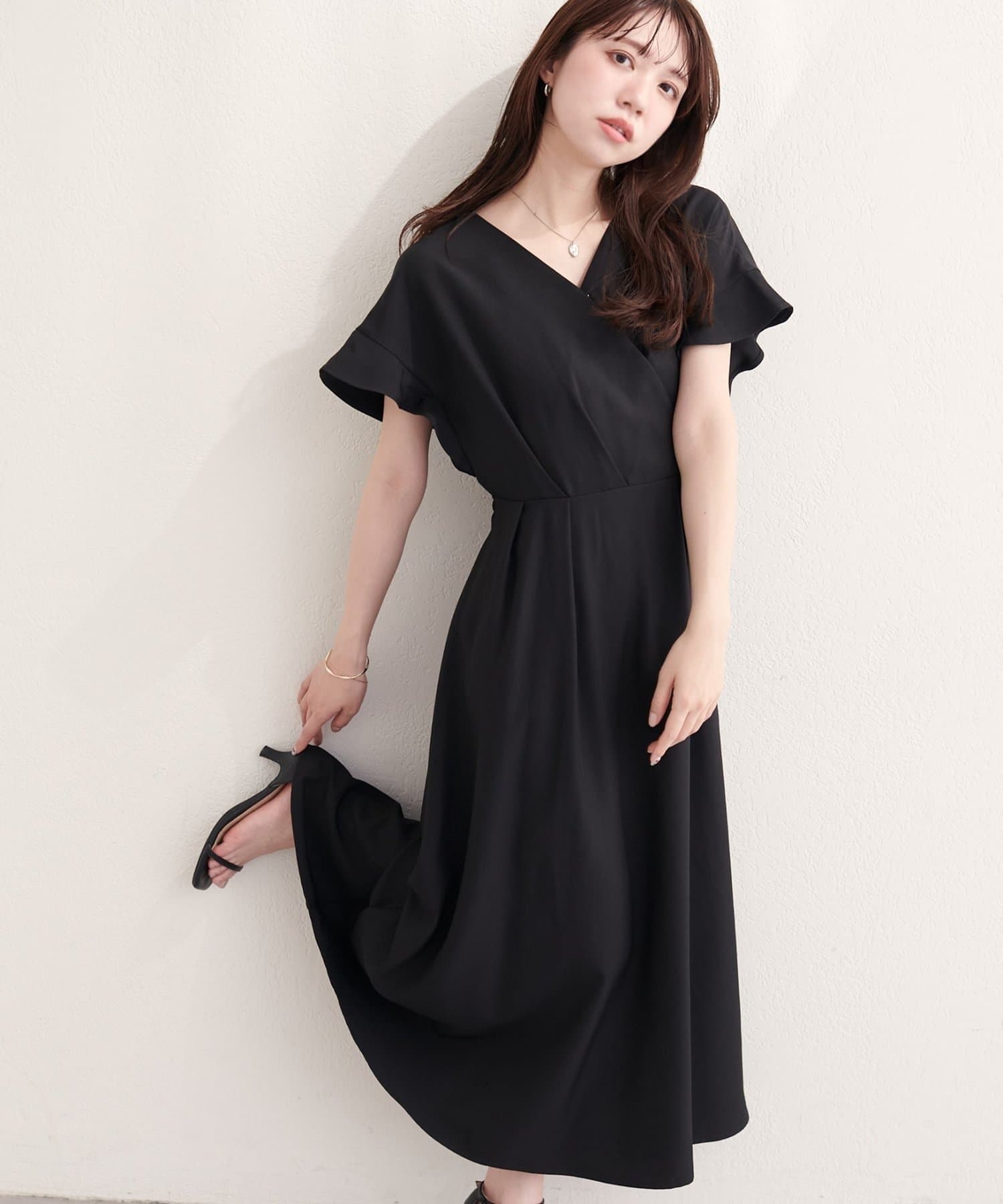 natural couture(ナチュラルクチュール) 【sherbet line】接触冷感カシュクールフリル袖ワンピース