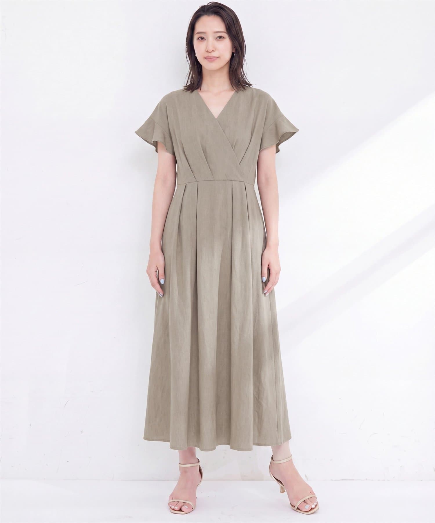 natural couture(ナチュラルクチュール) 【sherbet line】接触冷感カシュクールフリル袖ワンピース