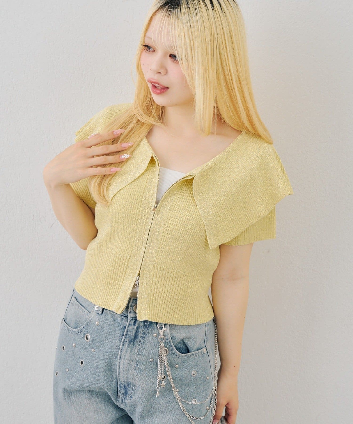 NICE CLAUP / OLIVE des OLIVE OUTLET(ナイスクラップ  / オリーブ デ オリーブ アウトレット) 【continuer】BIG衿ラメZIPカーディガン