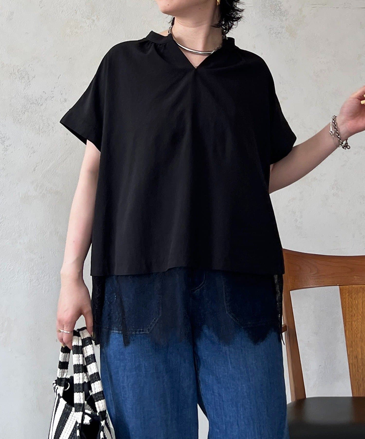 un dix cors(アンディコール) 麻調裾レースブラウス