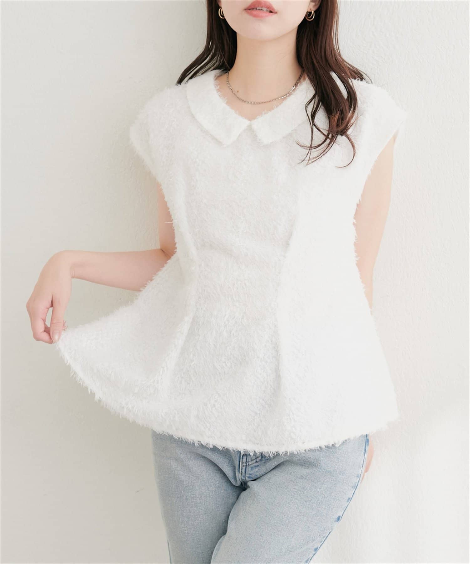 natural couture(ナチュラルクチュール) フリンジ衿付きペプラムブラウス