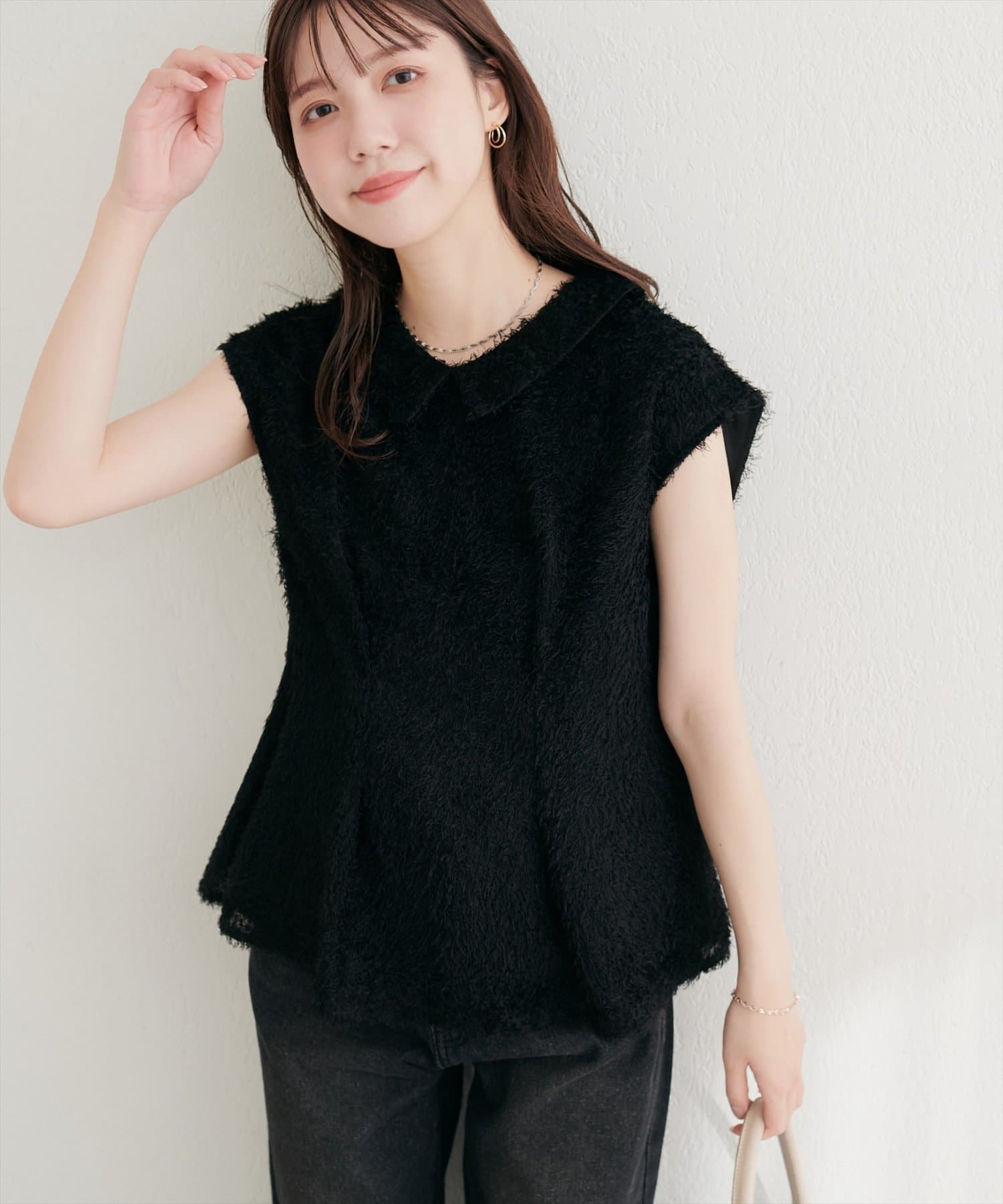 natural couture(ナチュラルクチュール) フリンジ衿付きペプラムブラウス