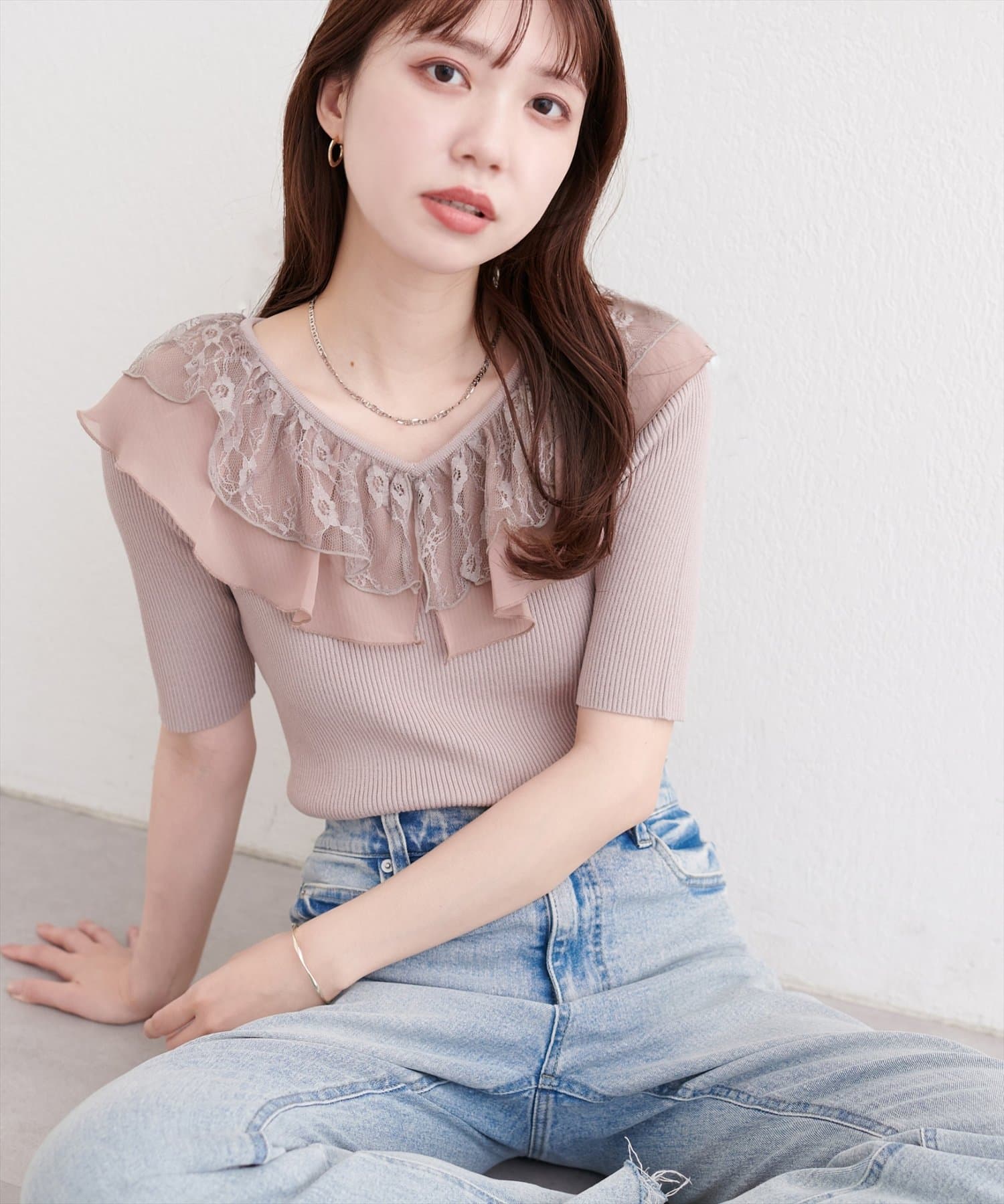 natural couture(ナチュラルクチュール) フリルレースカラーニット