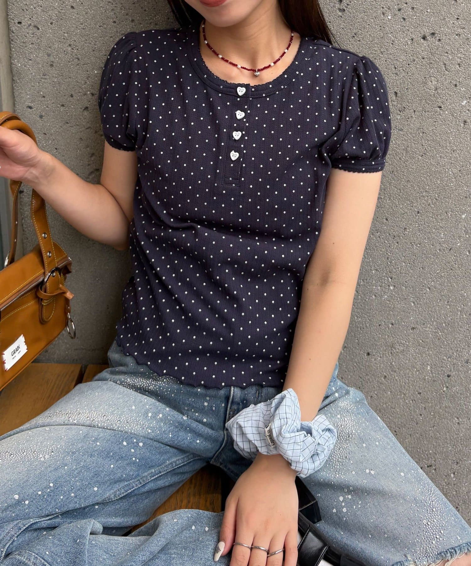 CIAOPANIC(チャオパニック) 【WEB限定】ドットパフスリーブヘンリーネックTEE