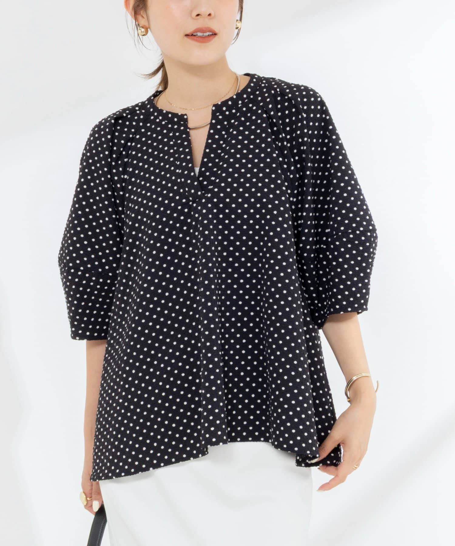 NOLLEY'S(ノーリーズ) 【WEB限定】サッカードット5分袖タックブラウス