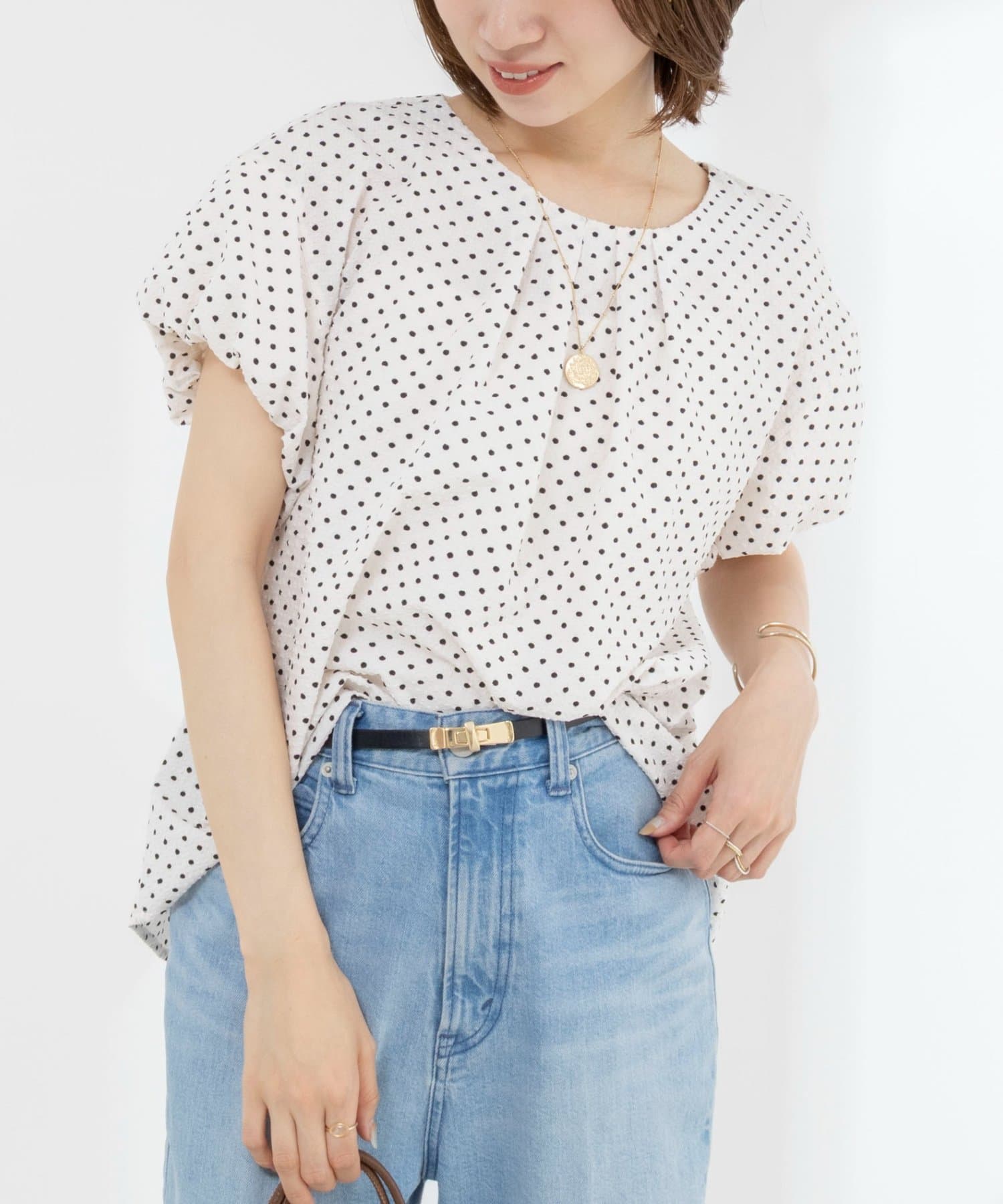 NOLLEY'S(ノーリーズ) 【WEB限定】ウォッシャブルサッカードット袖ギャザーブラウス