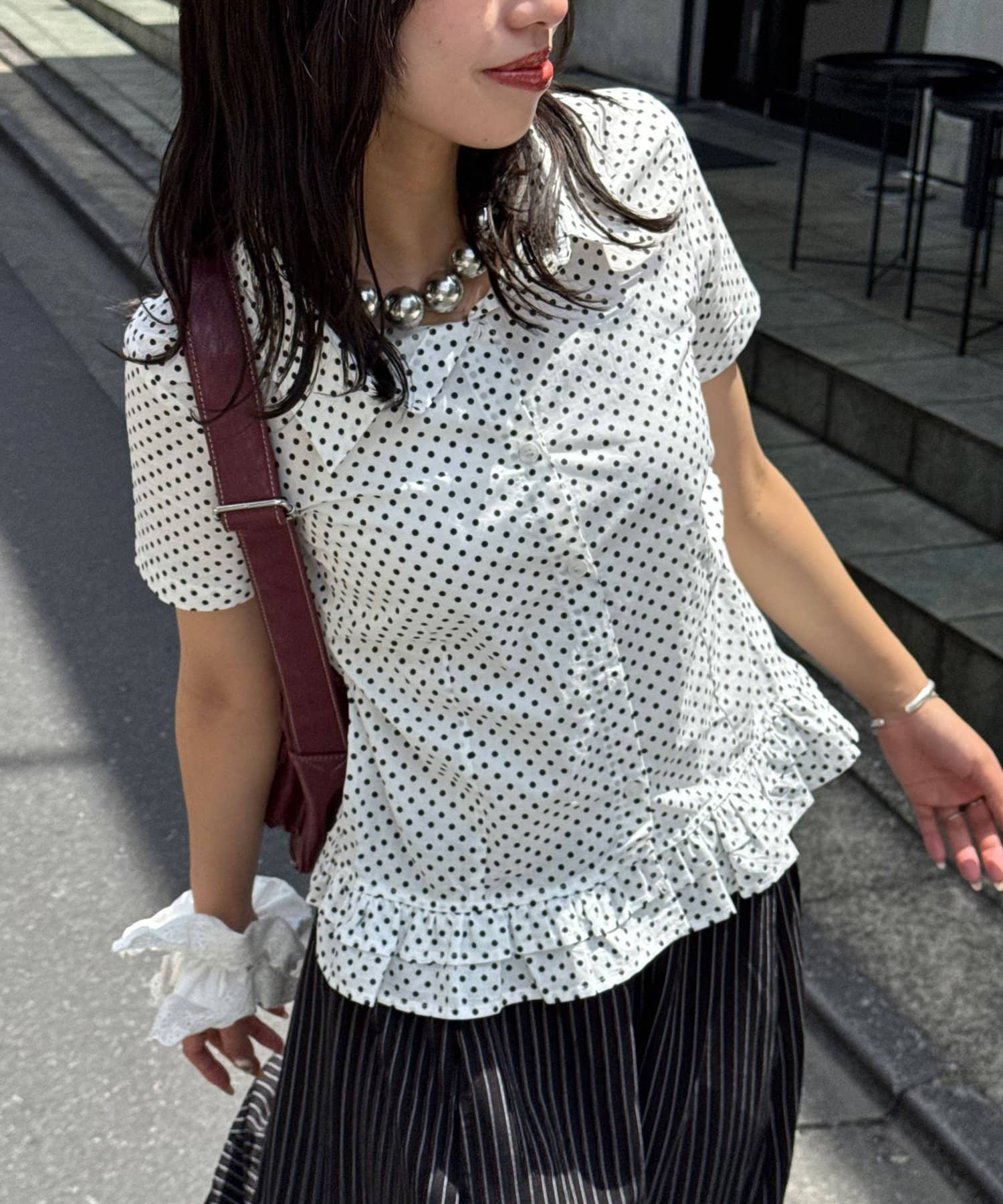 CIAOPANIC(チャオパニック) 【♡20で1500円OFFクーポン！？】【WEB限定】【ドット柄/ストライプ】裾フリルコンパクトシャツ