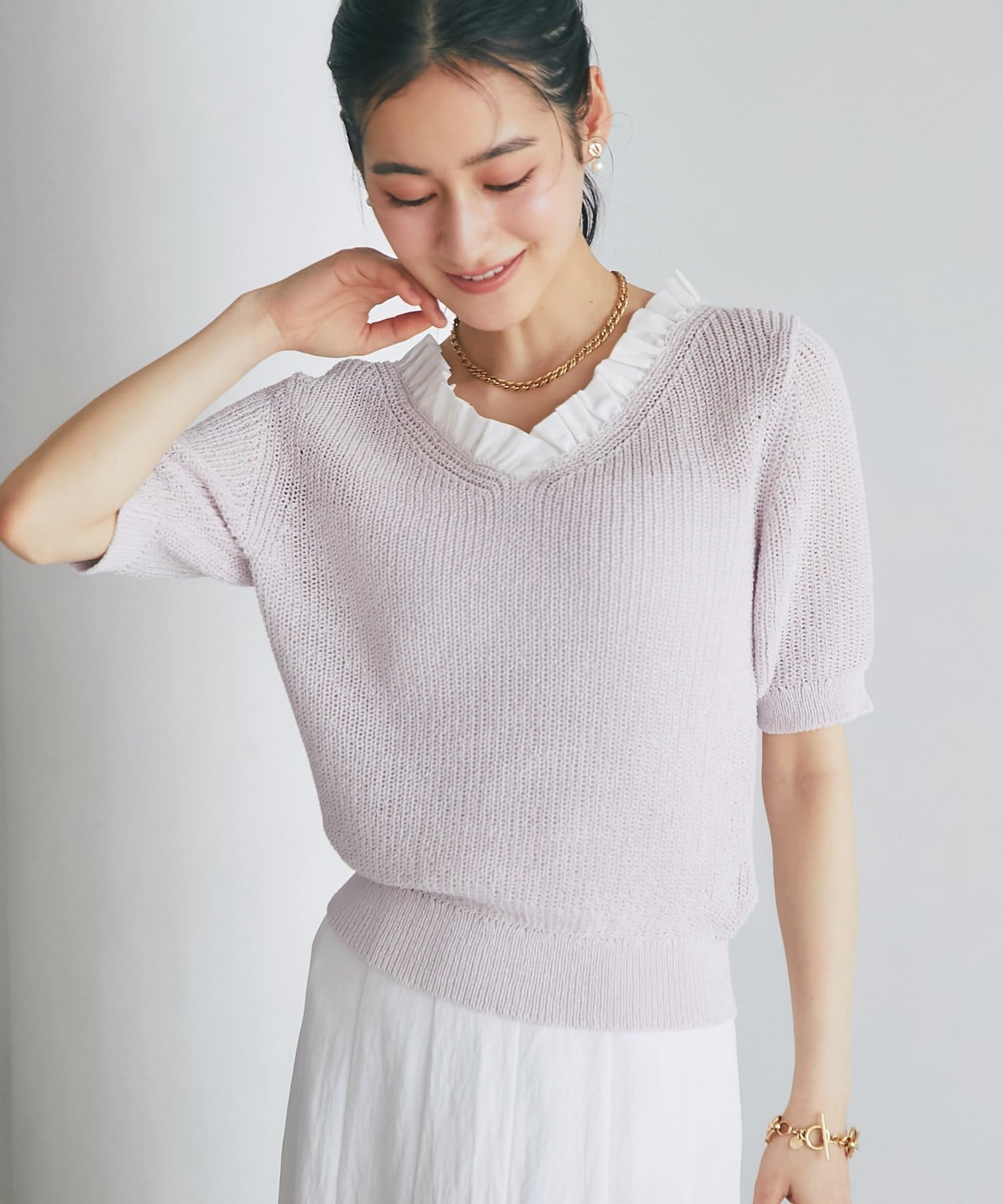 OUTLET(アウトレット) 【La boutique BonBon】ペーパーヤーンフリルVネックニット