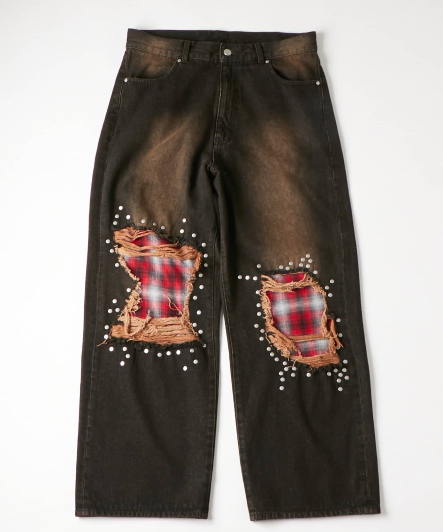 OUTLET(アウトレット) 【WHO'S WHO gallery】チェックダメージスタッズデニム