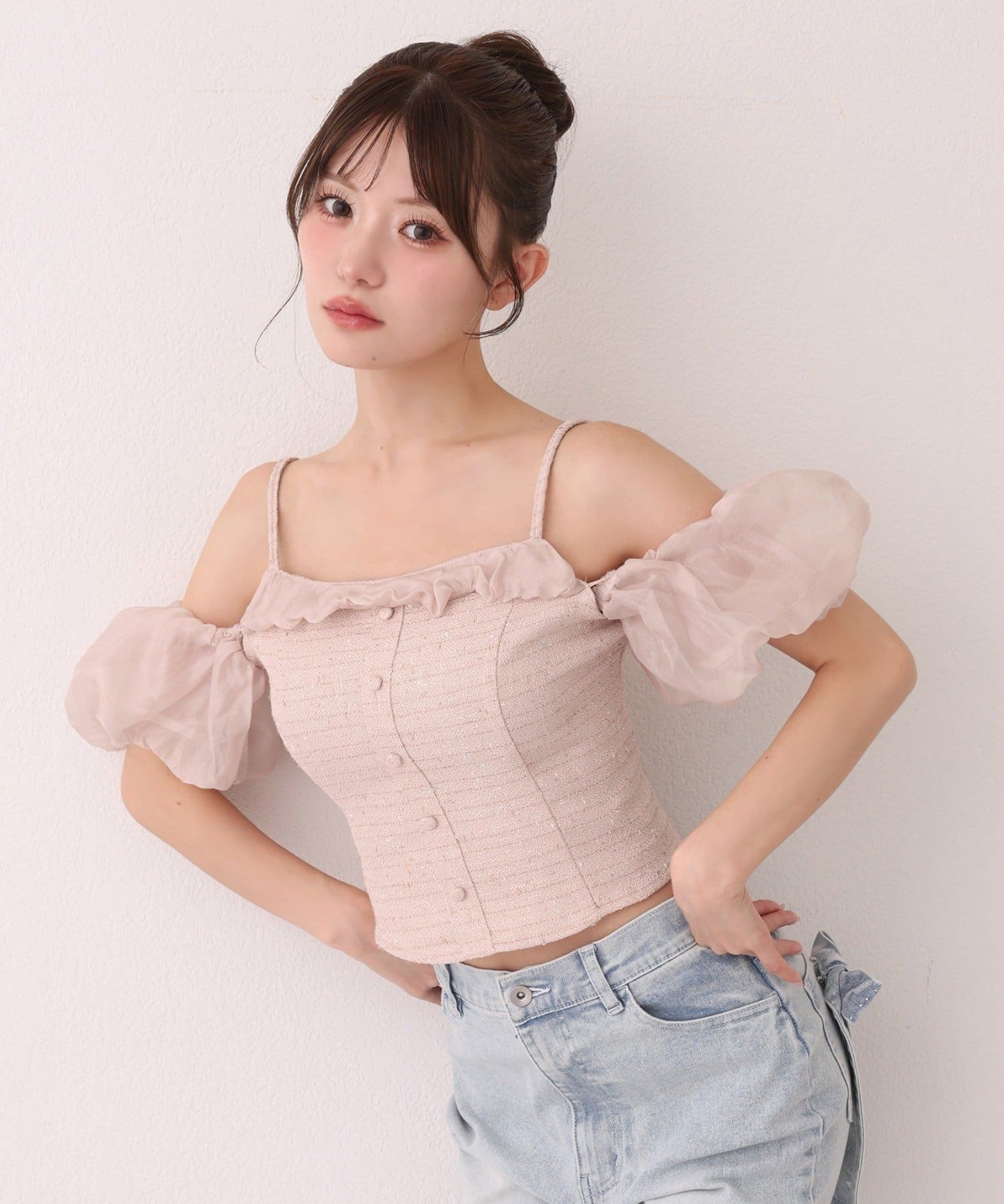 one after another NICE CLAUP(ワンアフターアナザー ナイスクラップ) ツイードオフショルブラウス