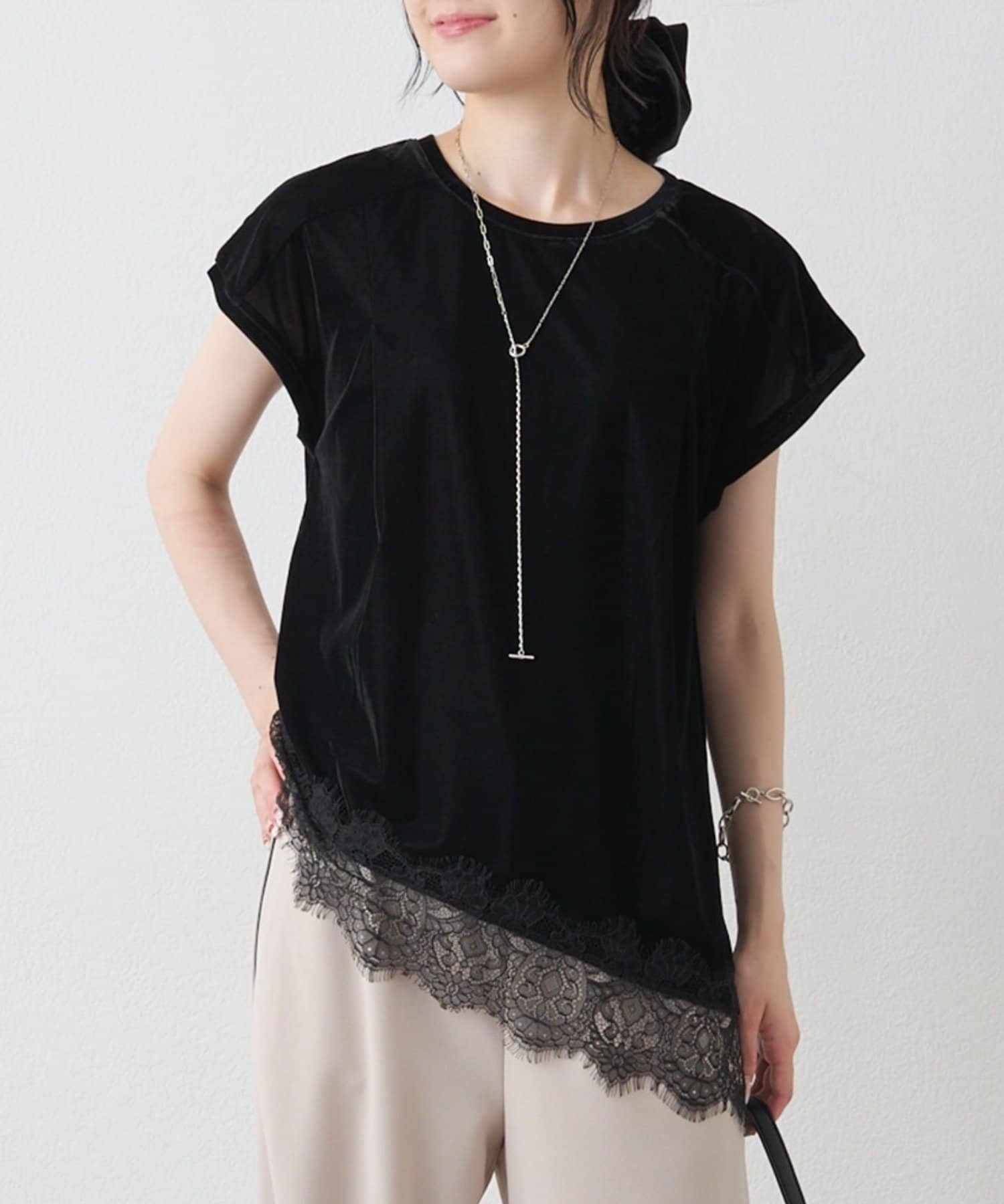 PUAL CE CIN(ピュアルセシン) レースヘムシアーベロアTシャツ