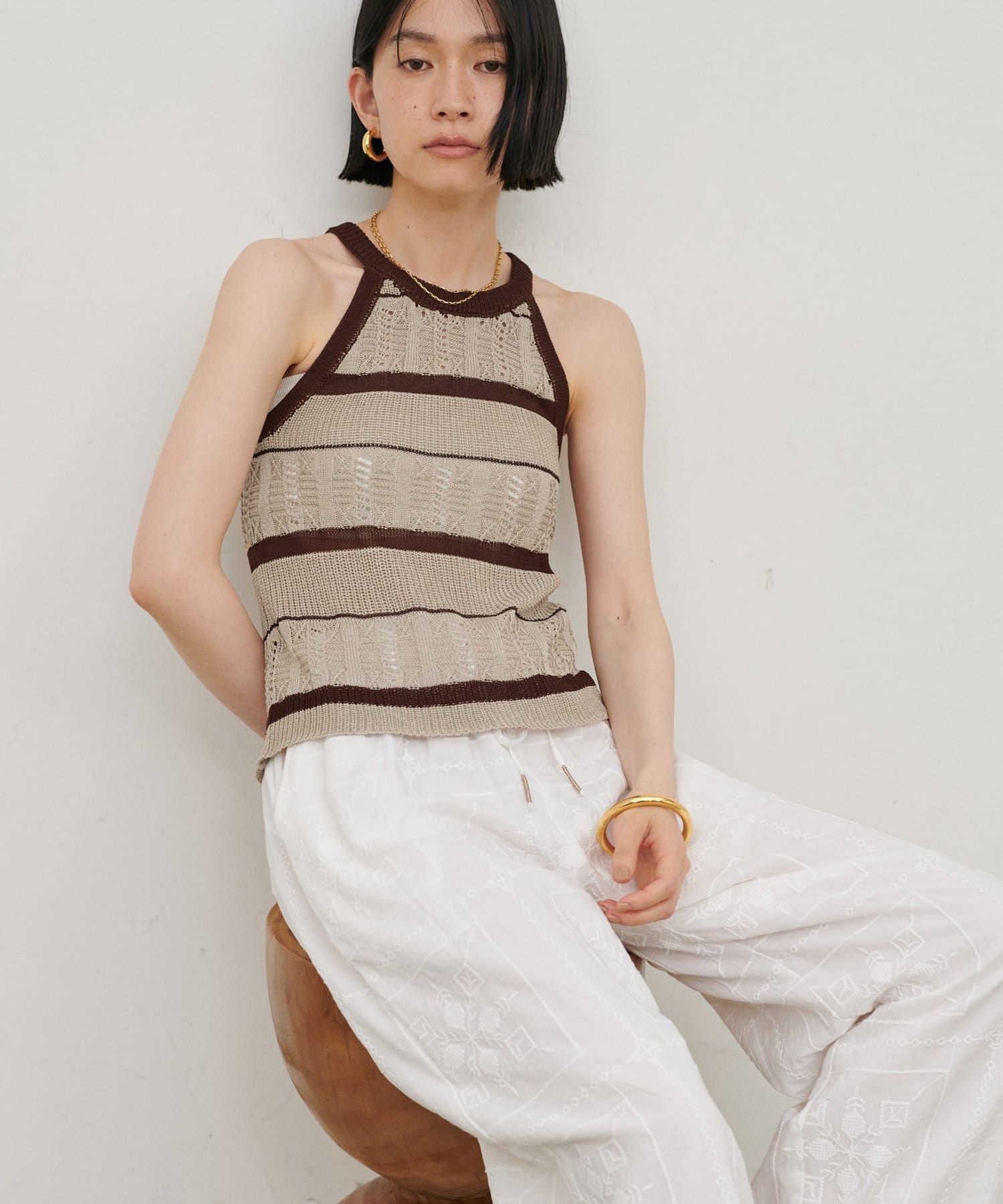LARUTA(ラルータ) ［Web限定］麻タッチ透かしボーダーアメスリニット