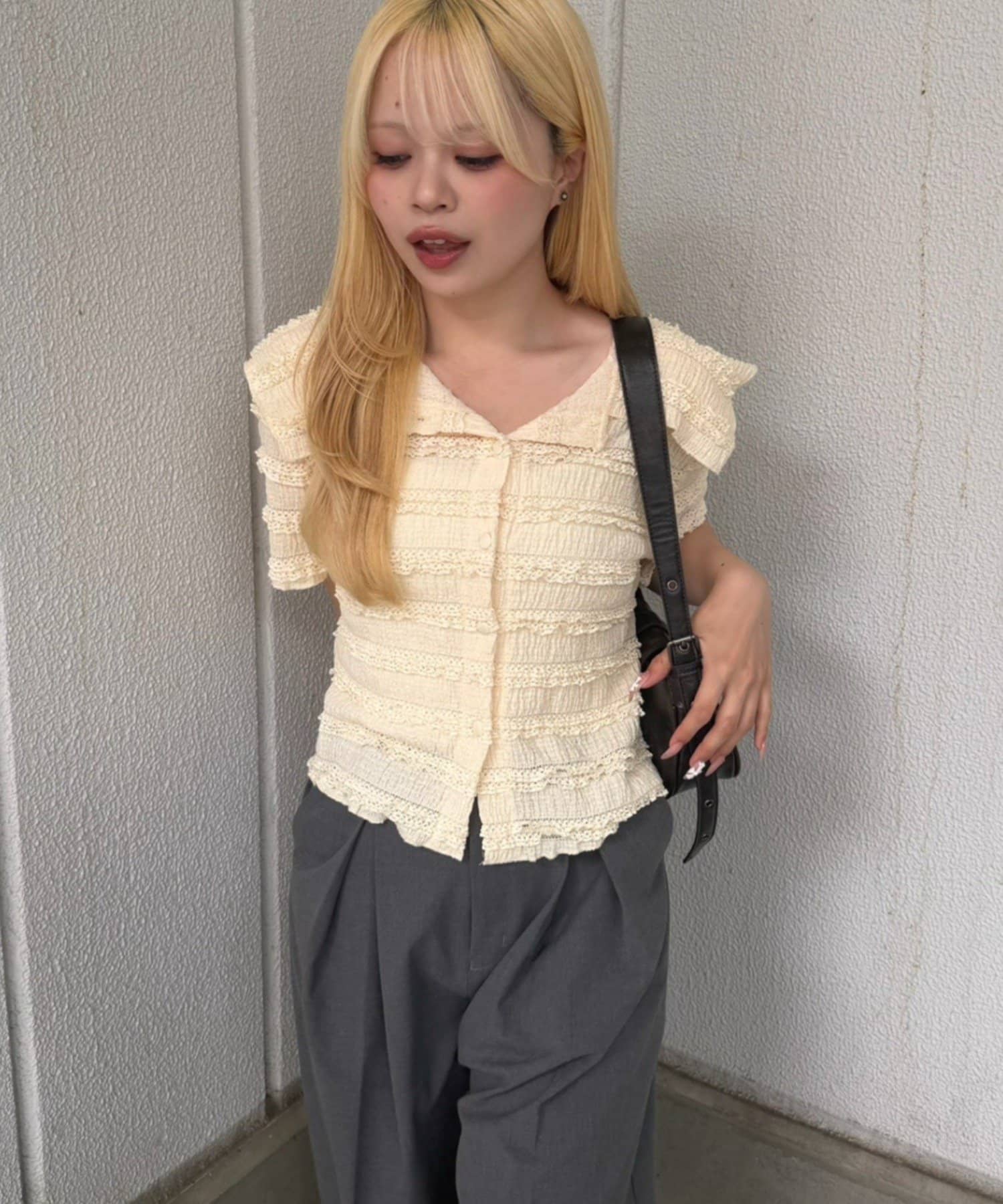 NICE CLAUP / OLIVE des OLIVE OUTLET(ナイスクラップ  / オリーブ デ オリーブ アウトレット) 【continuer】段々レースBig衿カーディガン