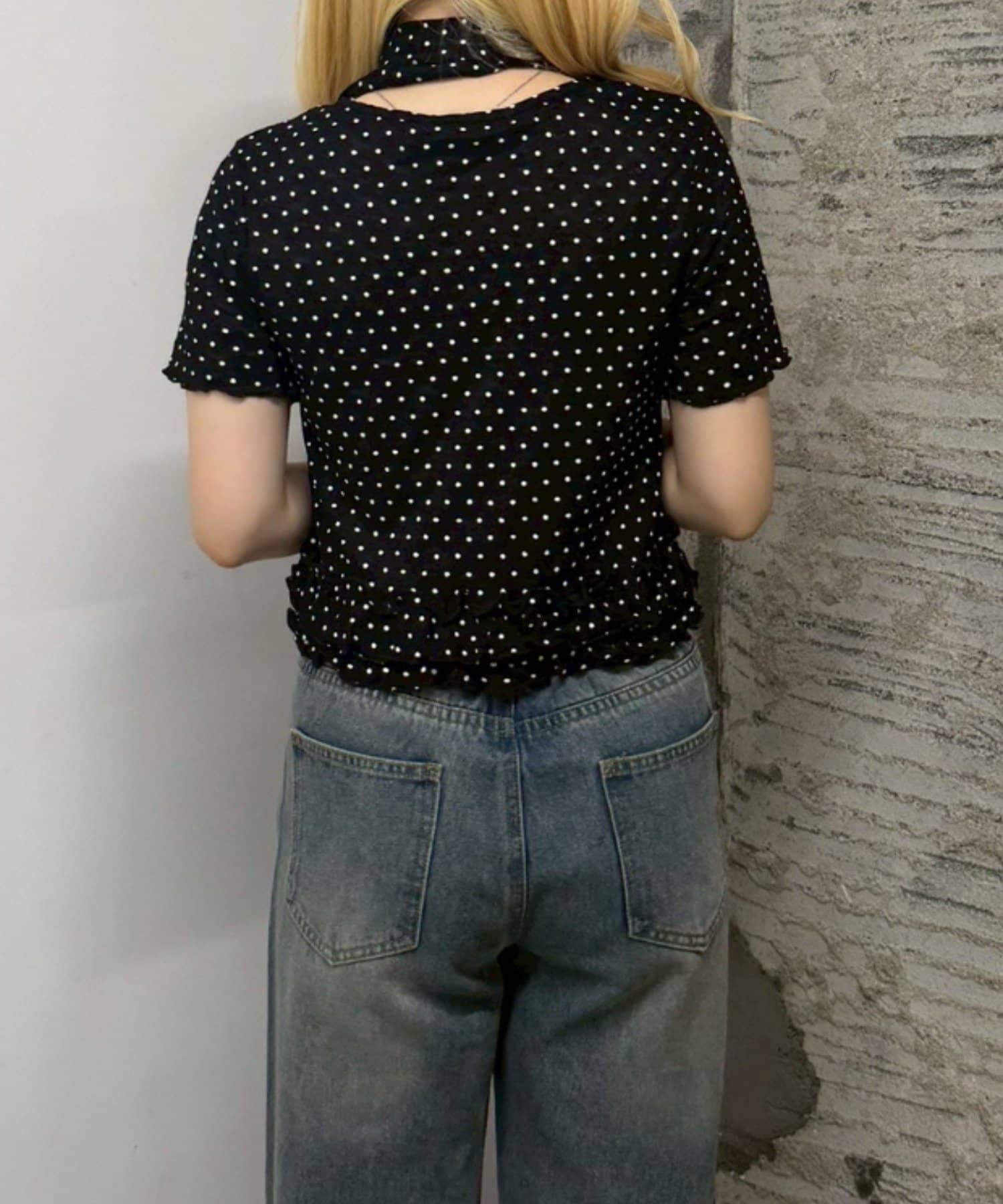 NICE CLAUP / OLIVE des OLIVE OUTLET(ナイスクラップ  / オリーブ デ オリーブ アウトレット) 【ANOTHER BRANCH】チョーカー付ドットレース裾フリルカーディガン