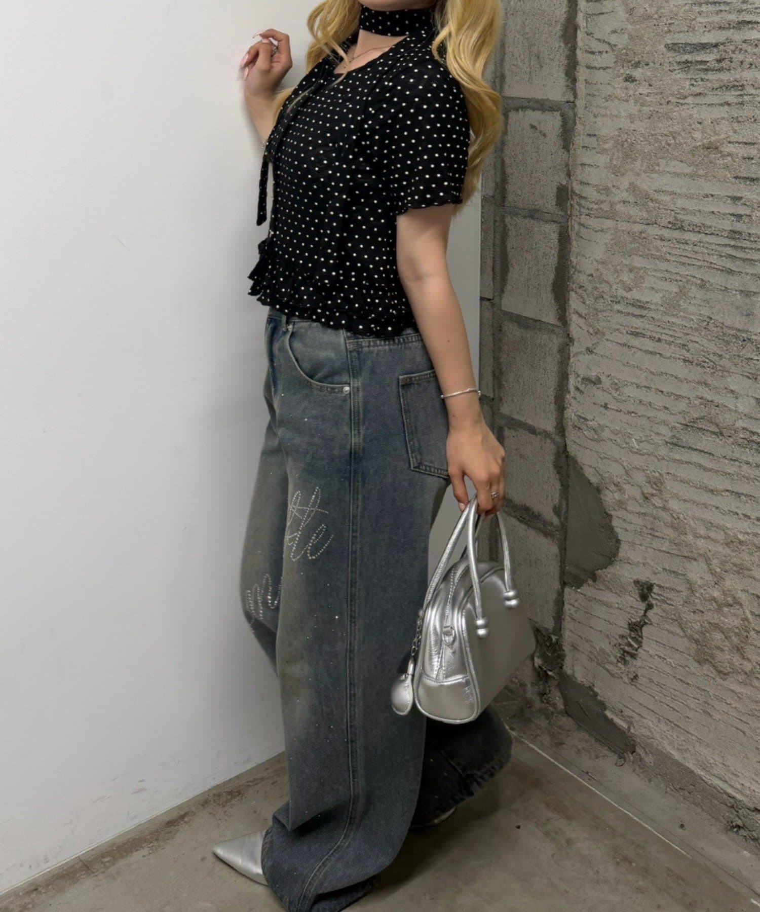 NICE CLAUP / OLIVE des OLIVE OUTLET(ナイスクラップ  / オリーブ デ オリーブ アウトレット) 【ANOTHER BRANCH】チョーカー付ドットレース裾フリルカーディガン