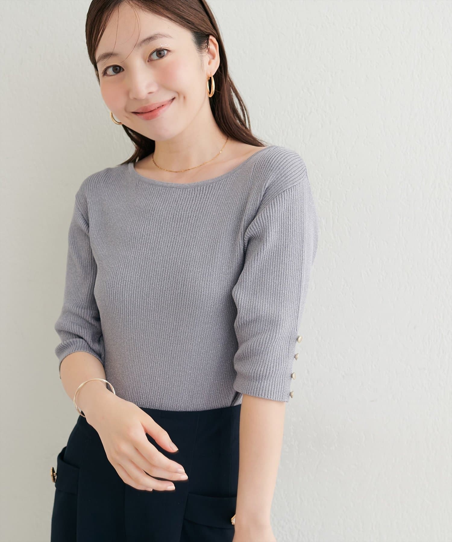 natural couture(ナチュラルクチュール) ラメリブ５分袖ニット