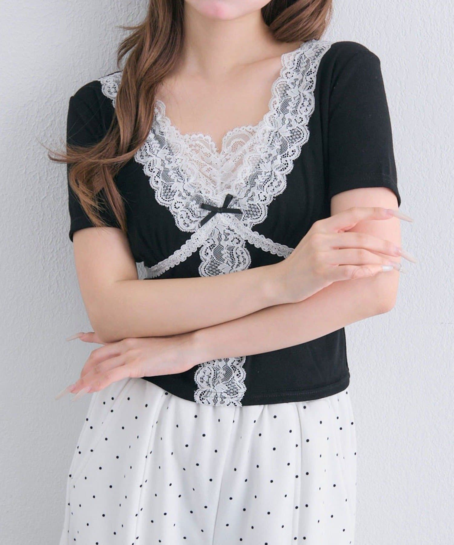 NICE CLAUP / OLIVE des OLIVE OUTLET(ナイスクラップ  / オリーブ デ オリーブ アウトレット) 【OLIVE des OLIVE】レース半袖トップス