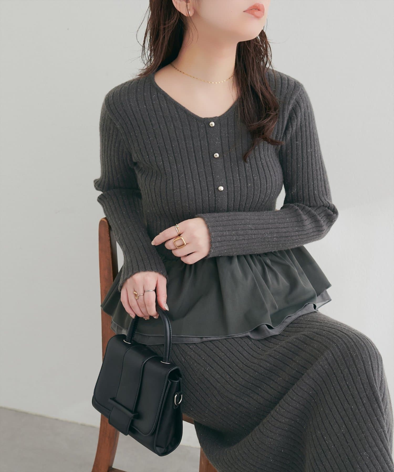 natural couture(ナチュラルクチュール) 異素材ラメペプラムニット