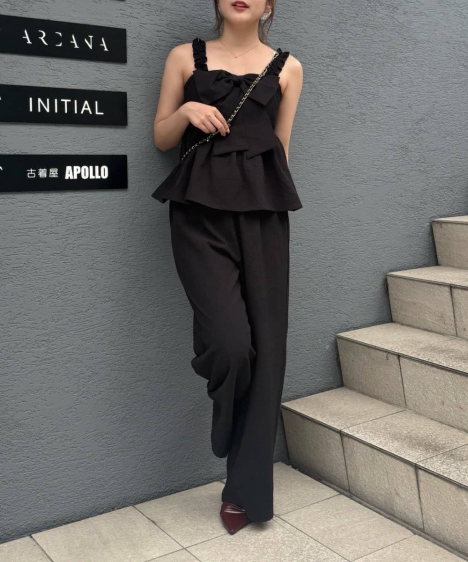 NICE CLAUP / OLIVE des OLIVE OUTLET(ナイスクラップ  / オリーブ デ オリーブ アウトレット) 【continuer】リボン付サロペ風セットアップ
