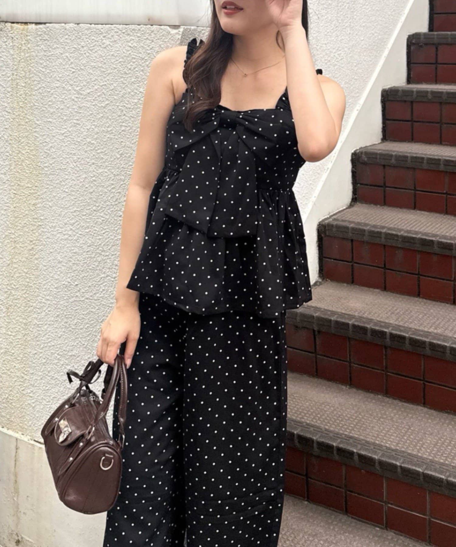 NICE CLAUP / OLIVE des OLIVE OUTLET(ナイスクラップ  / オリーブ デ オリーブ アウトレット) 【continuer】リボン付サロペ風セットアップ