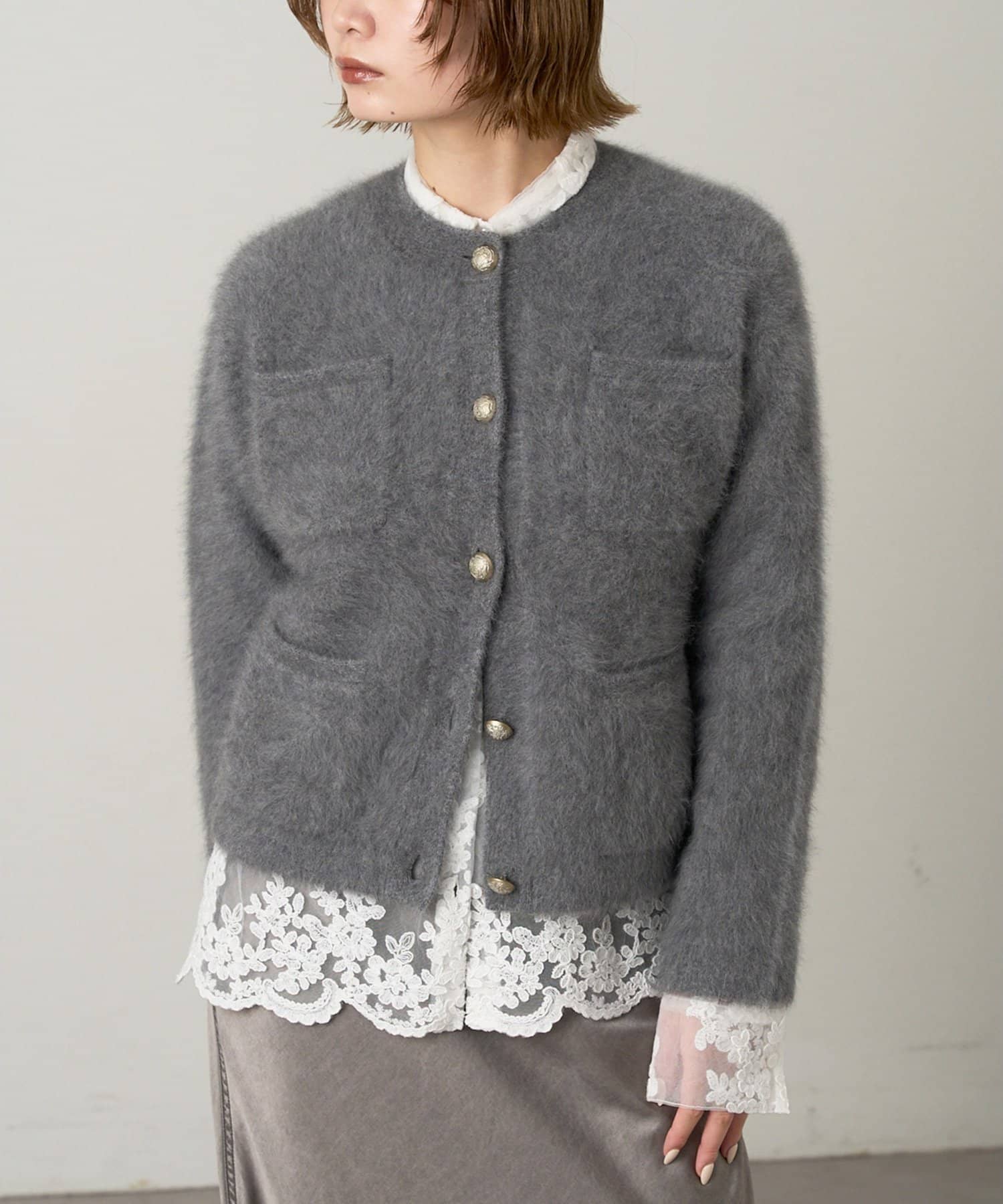 Whim Gazette(ウィム ガゼット) 〈WEB限定カラーあり〉カシミヤ混ファークルーネックニットジャケット