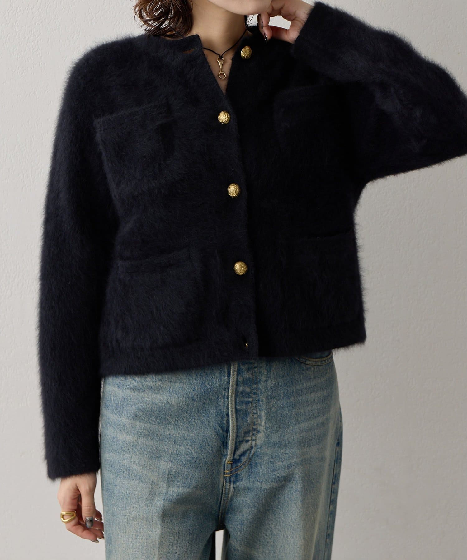 Whim Gazette(ウィム ガゼット) 〈WEB限定カラーあり〉カシミヤ混ファークルーネックニットジャケット