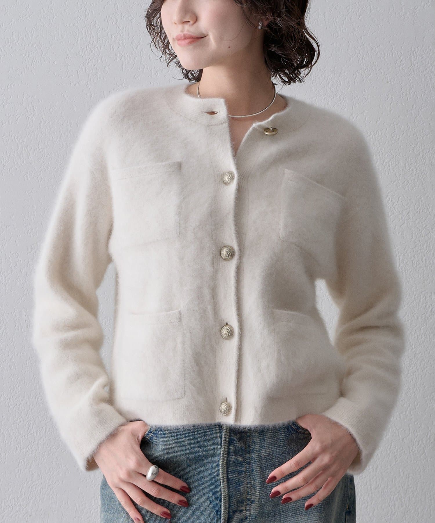 Whim Gazette(ウィム ガゼット) 〈WEB限定カラーあり〉カシミヤ混ファークルーネックニットジャケット