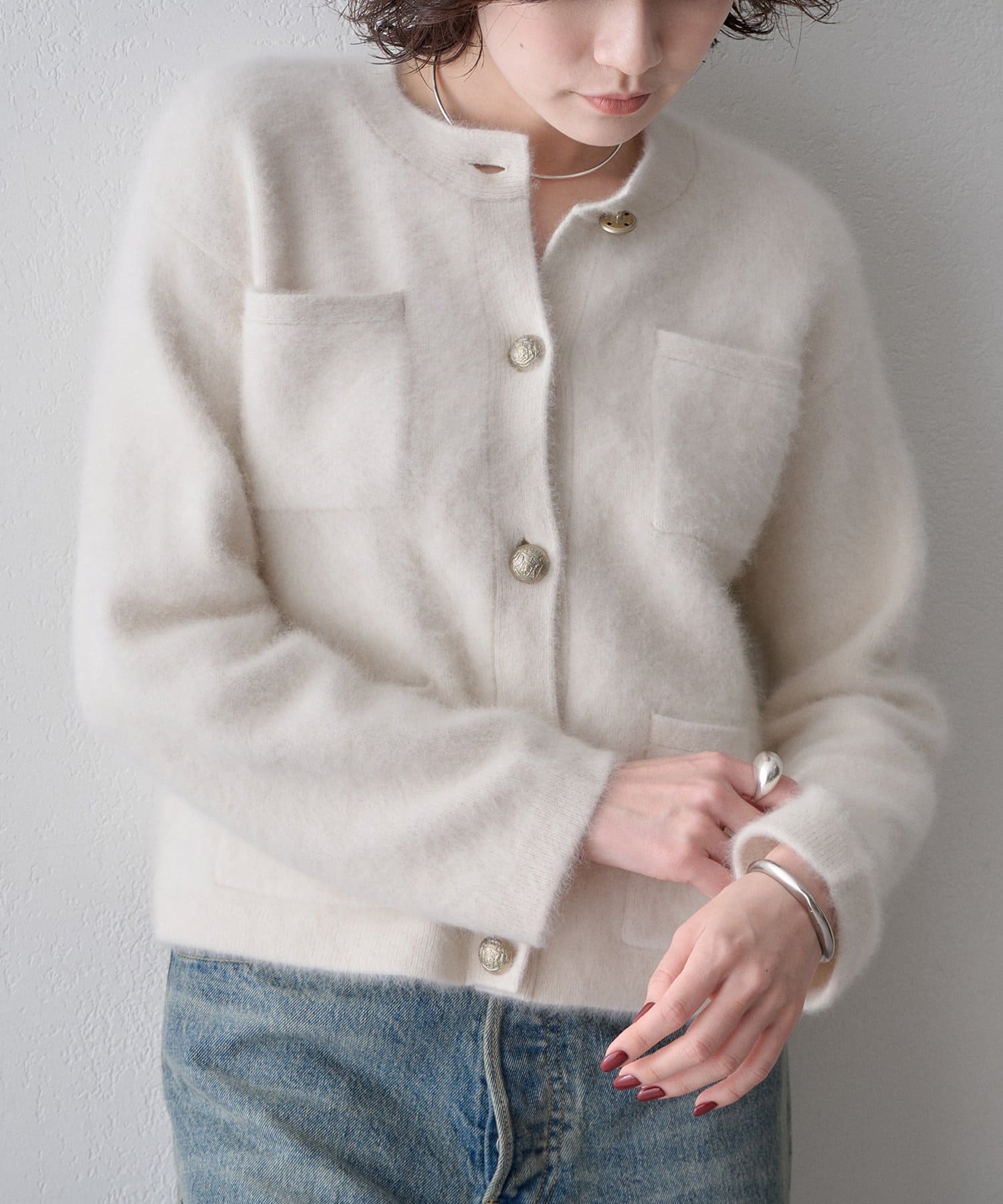Whim Gazette(ウィム ガゼット) 〈WEB限定カラーあり〉カシミヤ混ファークルーネックニットジャケット