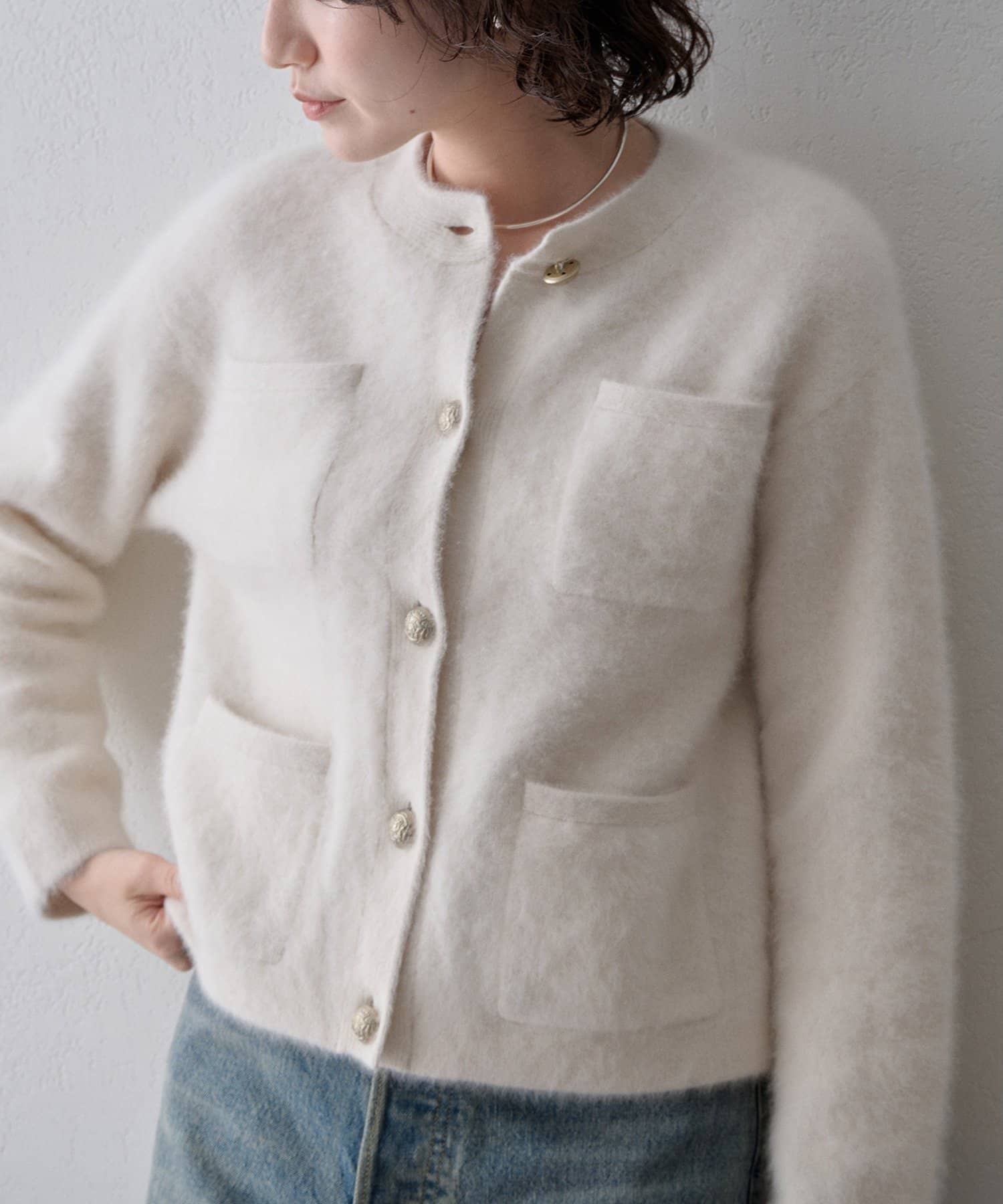 Whim Gazette(ウィム ガゼット) 〈WEB限定カラーあり〉カシミヤ混ファークルーネックニットジャケット