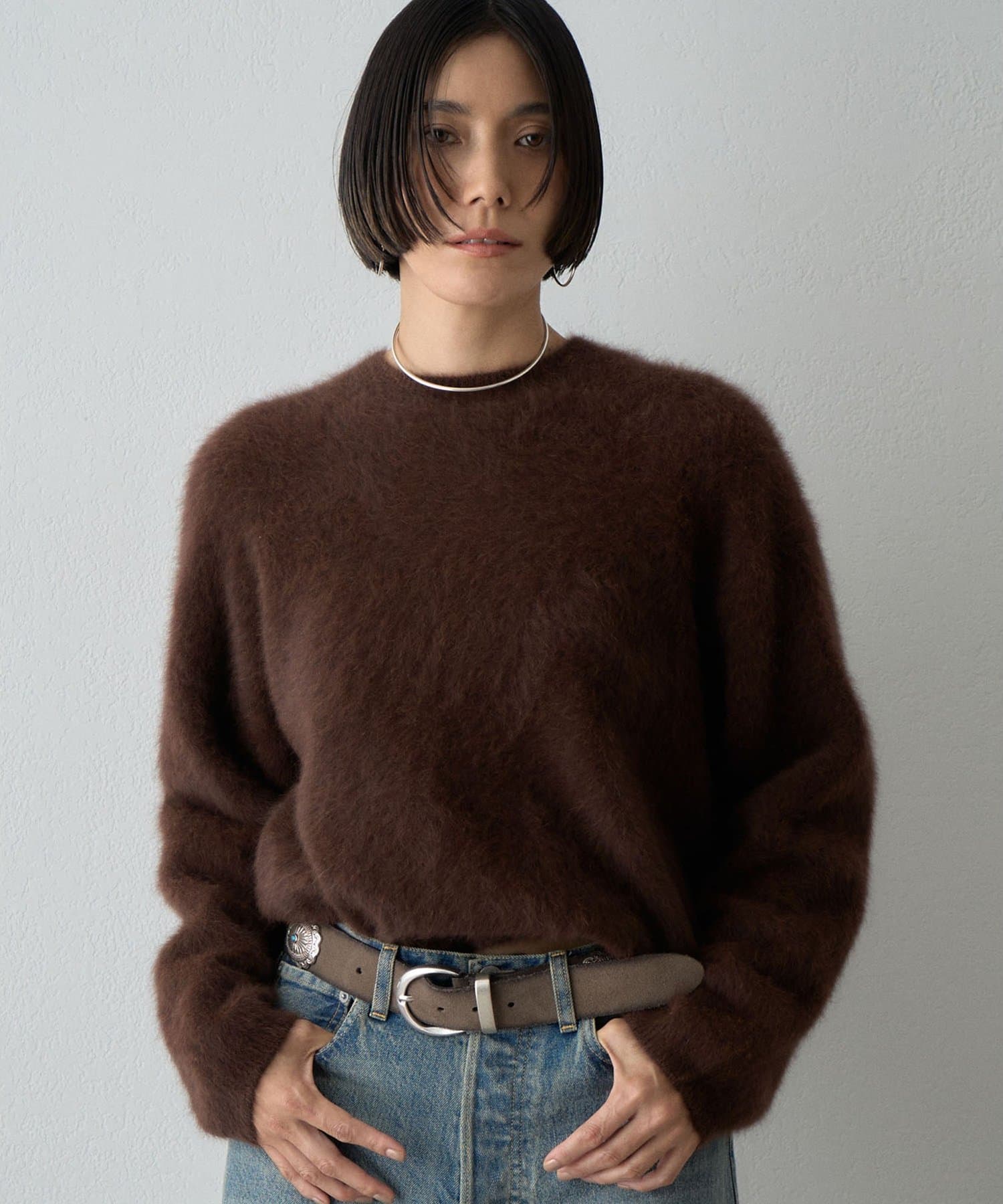 Whim Gazette(ウィム ガゼット) カシミヤ混ファークルーネックニットプルオーバー