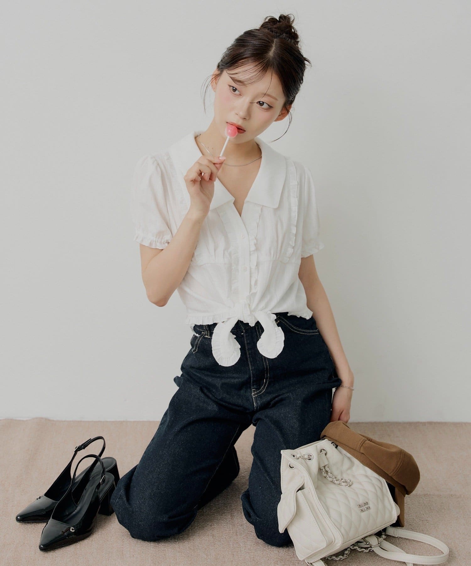 Chico(チコ) 【お気に入り総選挙対象】裾リボンパフスリーブシャツ
