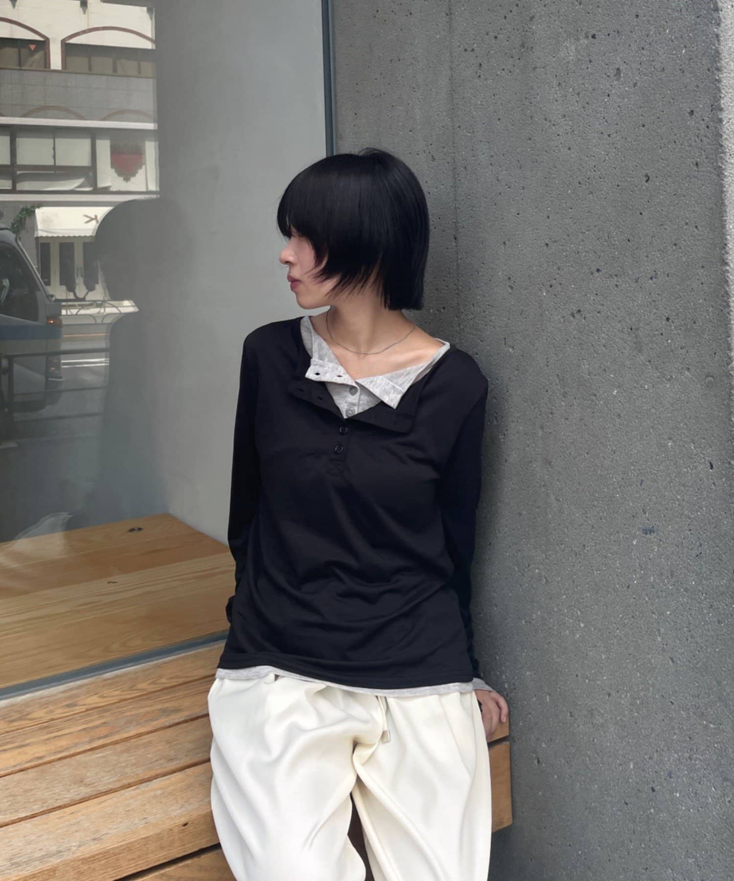 -goocy-(グーシー) 配色ヘンリーネックトップス