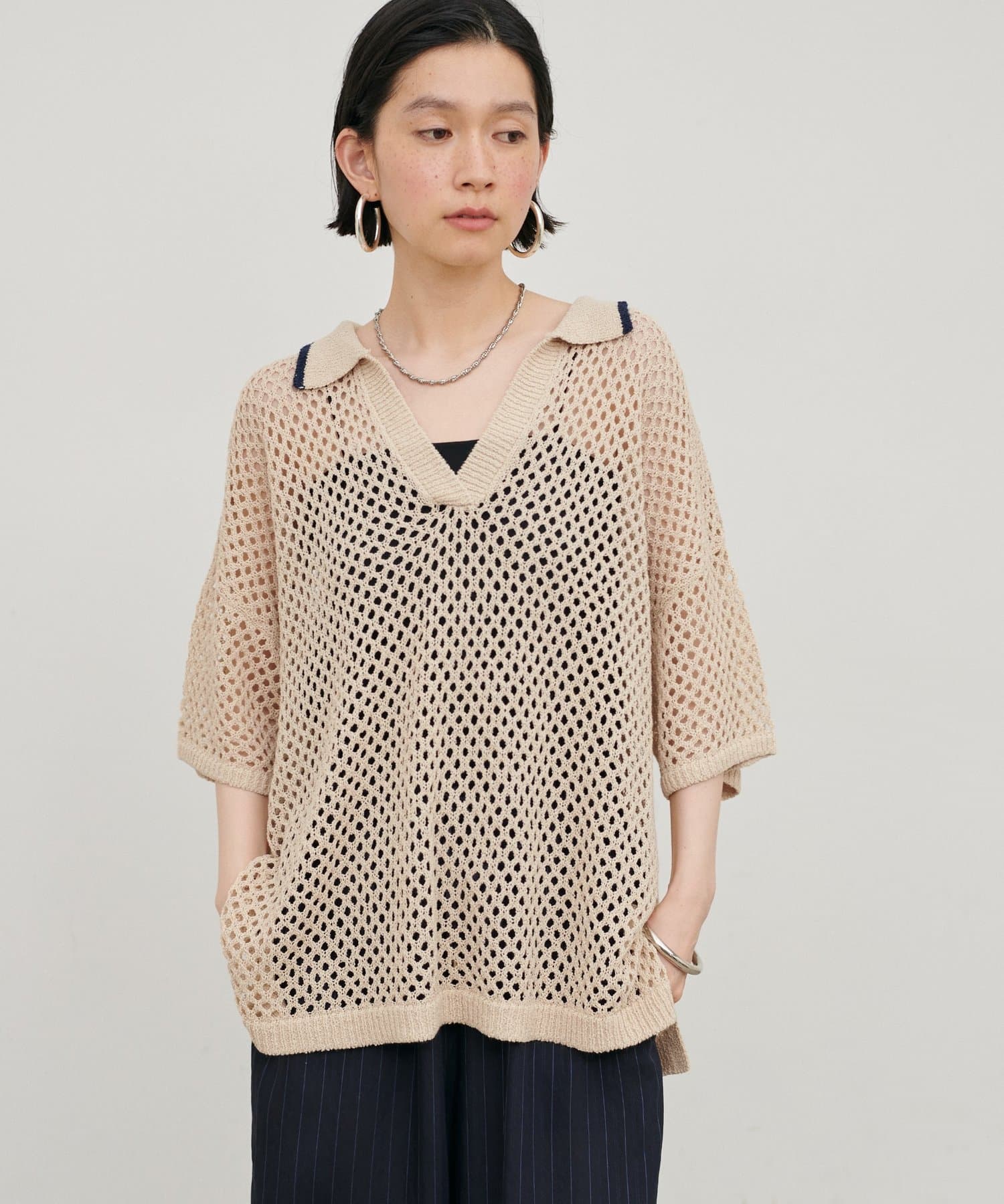 LARUTA(ラルータ) 麻調メッシュスキッパー半袖ニット