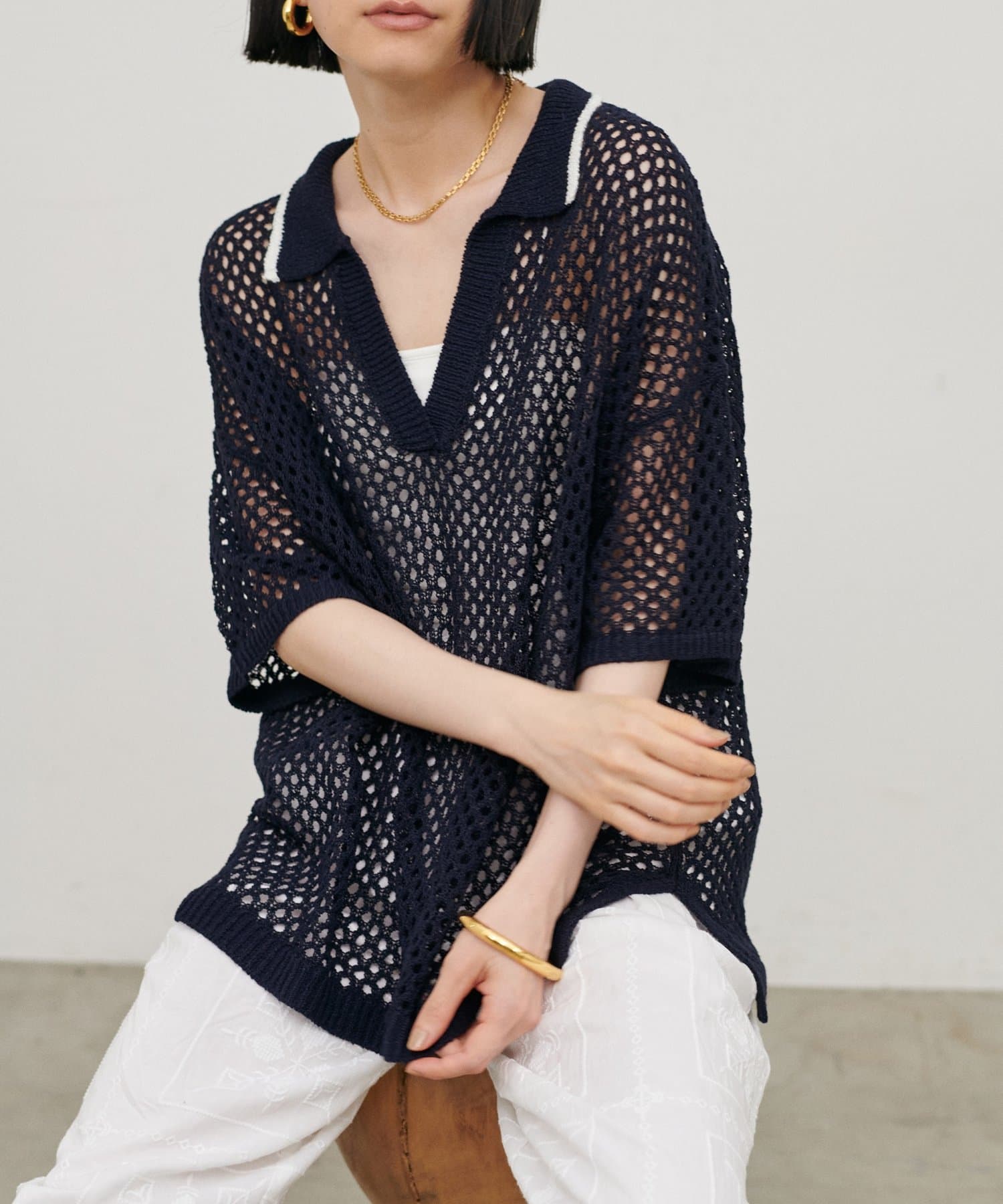 LARUTA(ラルータ) 麻調メッシュスキッパー半袖ニット