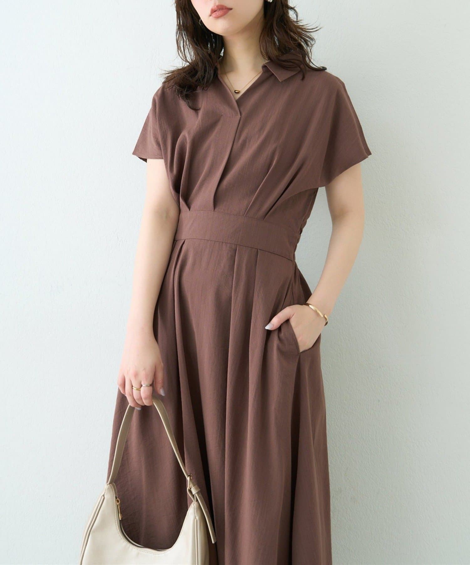 NICE CLAUP / OLIVE des OLIVE OUTLET(ナイスクラップ  / オリーブ デ オリーブ アウトレット) 【natural couture】涼しげスキッパー衿お上品ワンピース(Lサイズ)